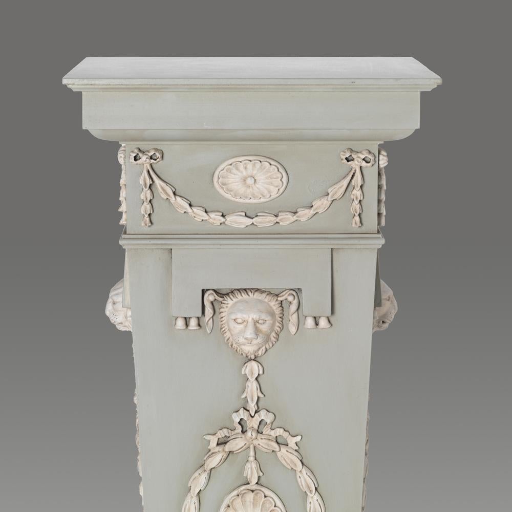 A fine pair of Hepplewhite designed tapered pedestals with carved classical decoration.

Bespoke sizing, design adaptations and finishing available.

We are currently working to a 30-36 week lead time.