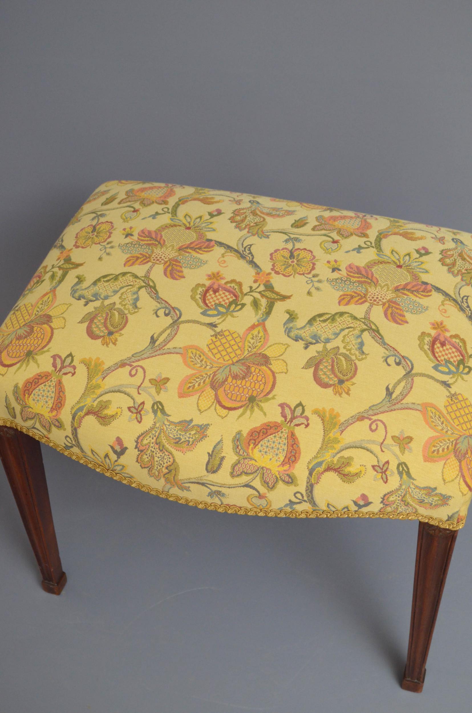 Sn5003 fine quality Hepplewhite period mahogany stool, having newly reupholstered seat covered in light yellow floral fabric, standing on carved and tapered legs. This antique stool is in wonderful home ready condition, c1770.

Measures: H 19