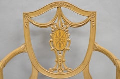 Hepplewhite Prince of Wales Drape Carved Shield Back Dining Arm Chairs - a Pair