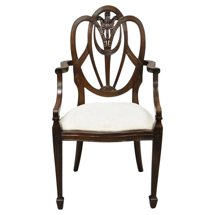 Hepplewhite Prince of Wales Plume Carved Shield Back Mahogany Dining Arm Chair For Sale