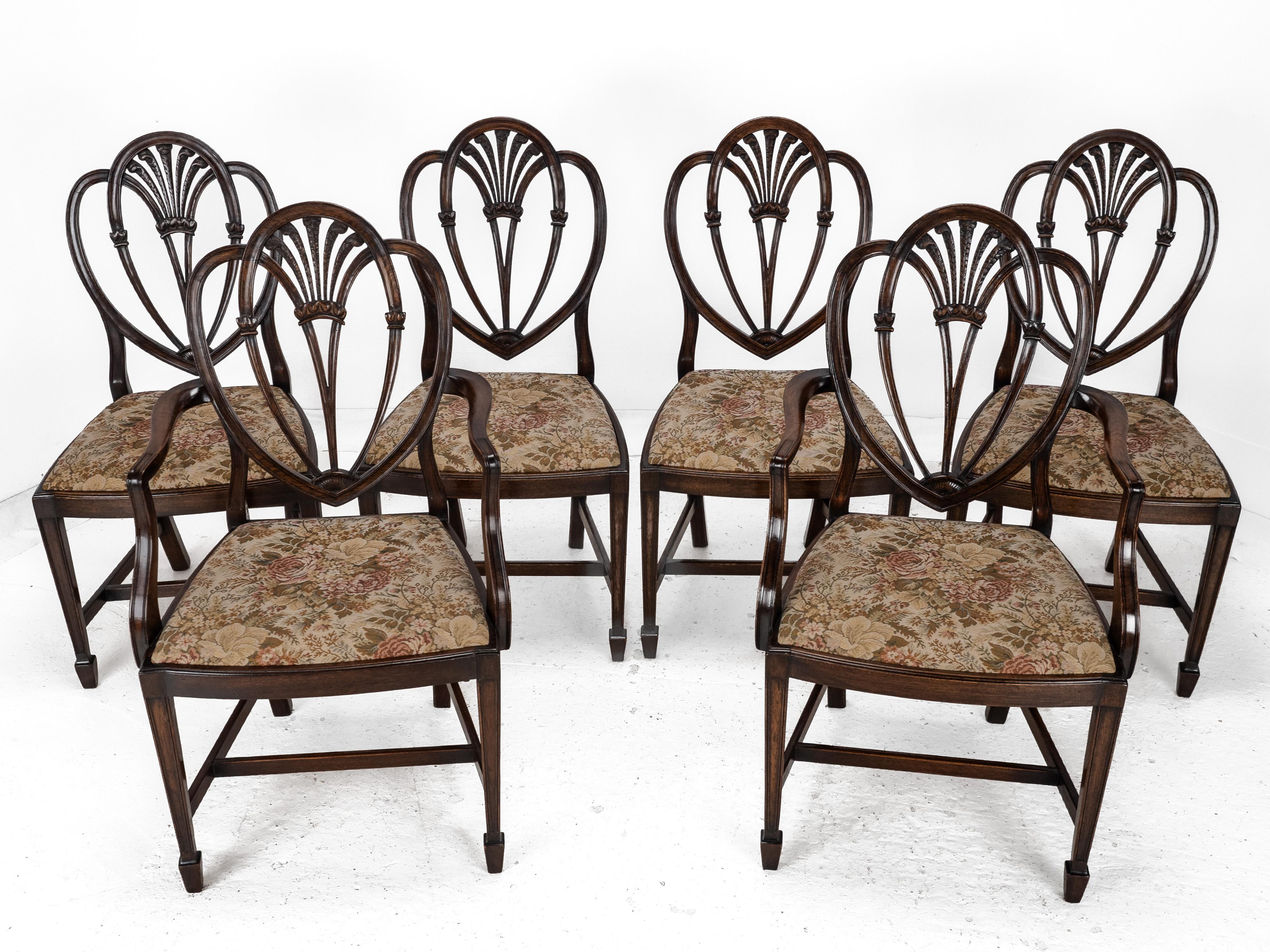 Hepplewhite Satz von 6 Mahagoni-Esszimmerstühlen Carver Armchairs c.19th Victorian (Geschnitzt) im Angebot