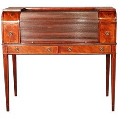 Vintage Hepplewhite Sheraton Style Inlaid Mahogany Tambour Writing Desk