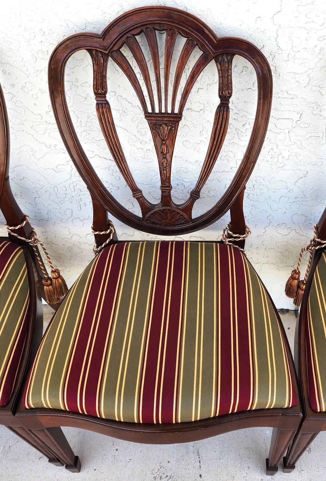 Cotton Hepplewhite Shield Back Mahogany Chairs Set of 6 For Sale