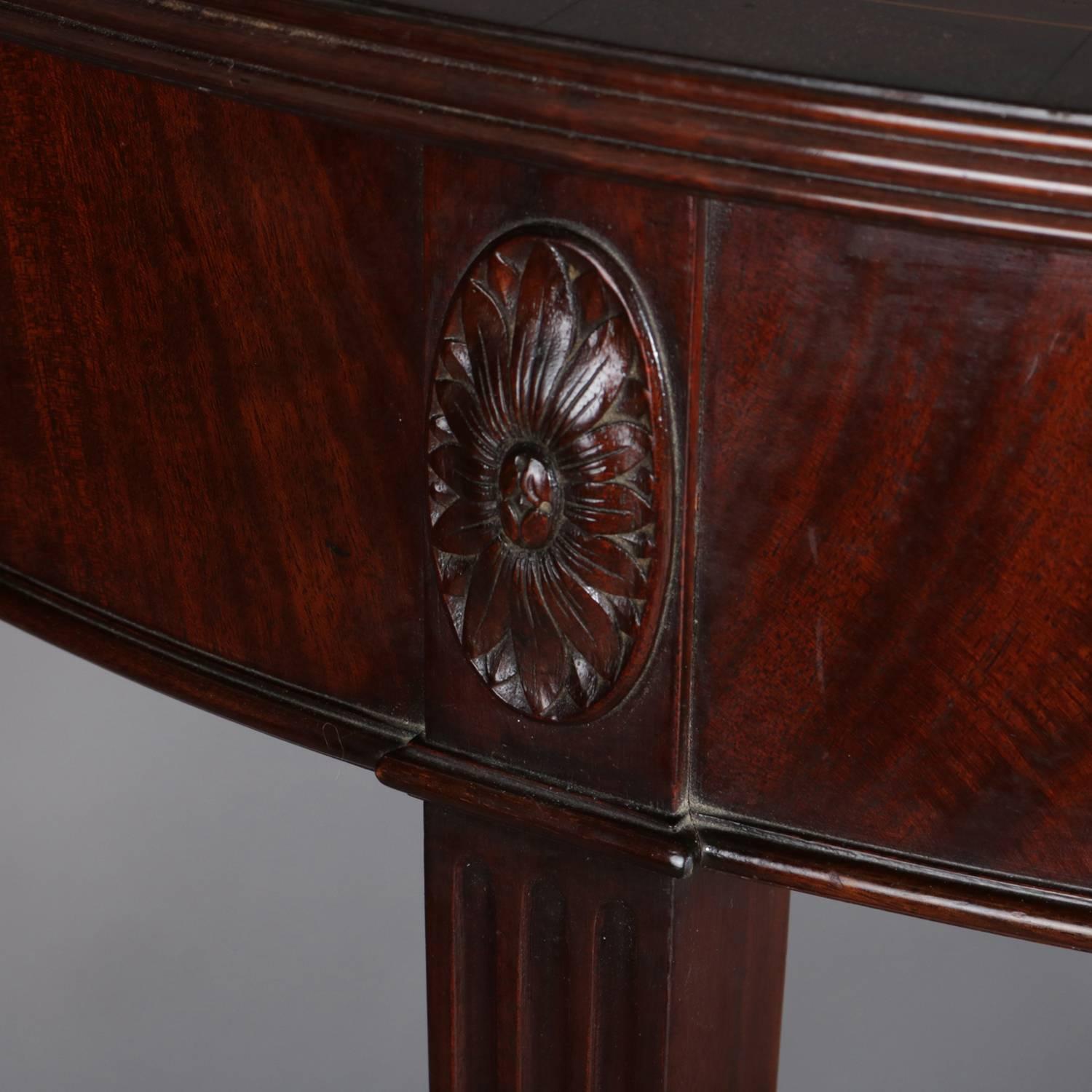 20th Century Hepplewhite Style Classical Carved Flame Mahogany Banded Demilune Console Table