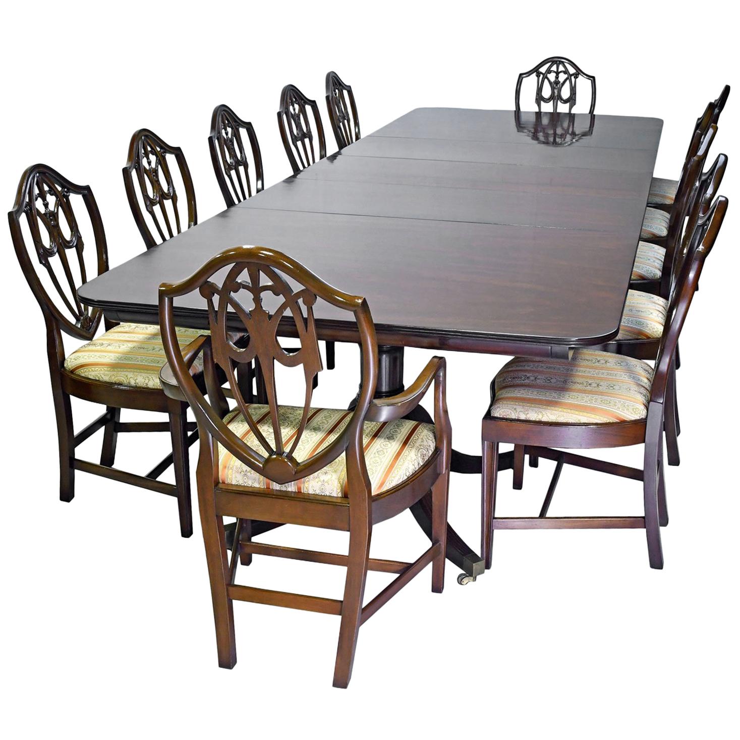  Hepplewhite-Style Dining Set in Mahogany, 12' Long Table and Set of 12 Chairs