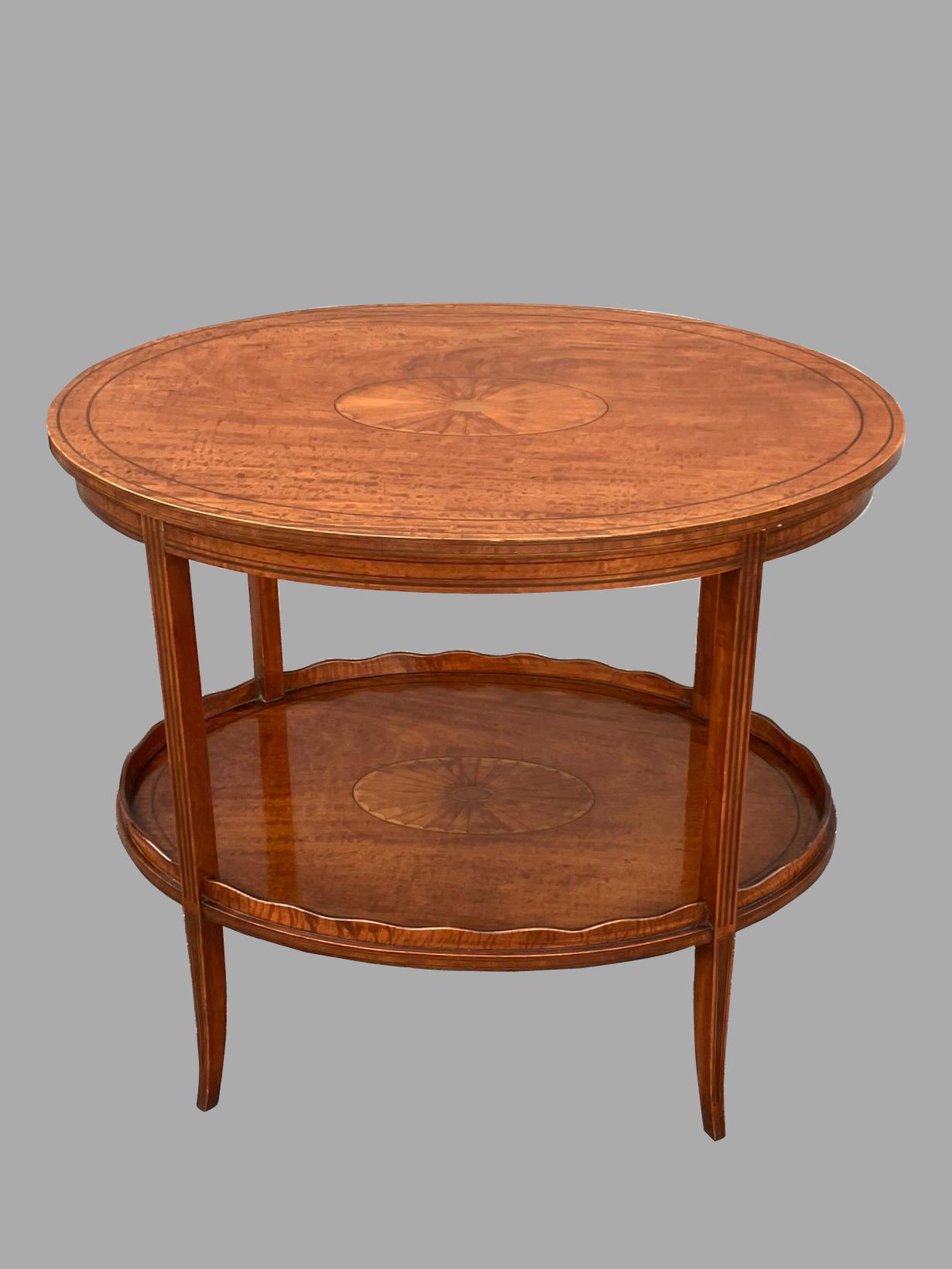 20th Century Hepplewhite Style Inlaid Satin Birch Two-Tier Side Table with Central Paterae