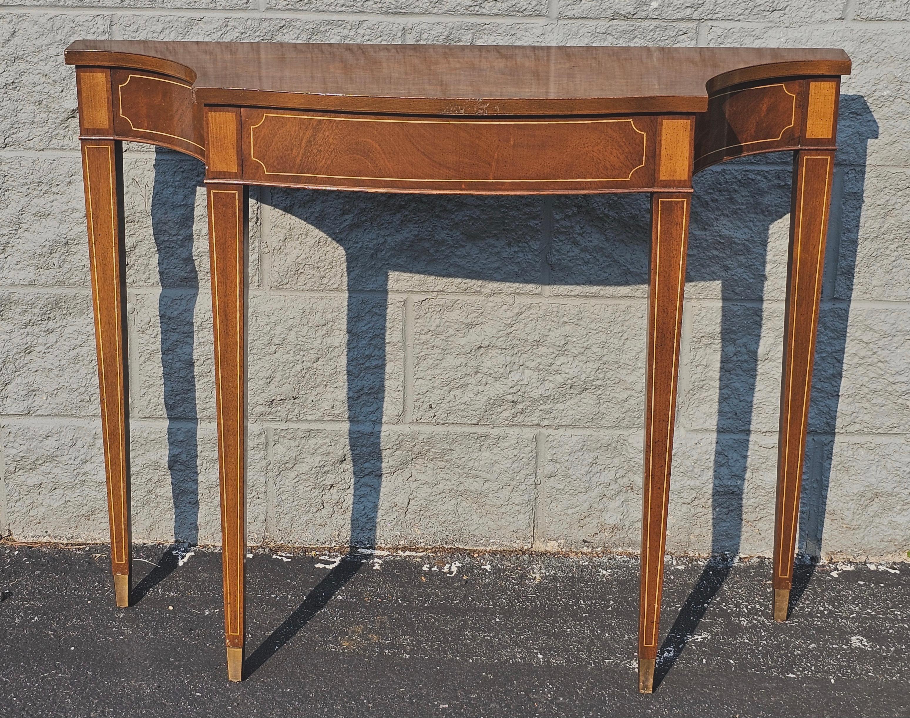 American Hepplewhite Style Mahogany and Satinwood Console Table with Brass Capped Legs For Sale