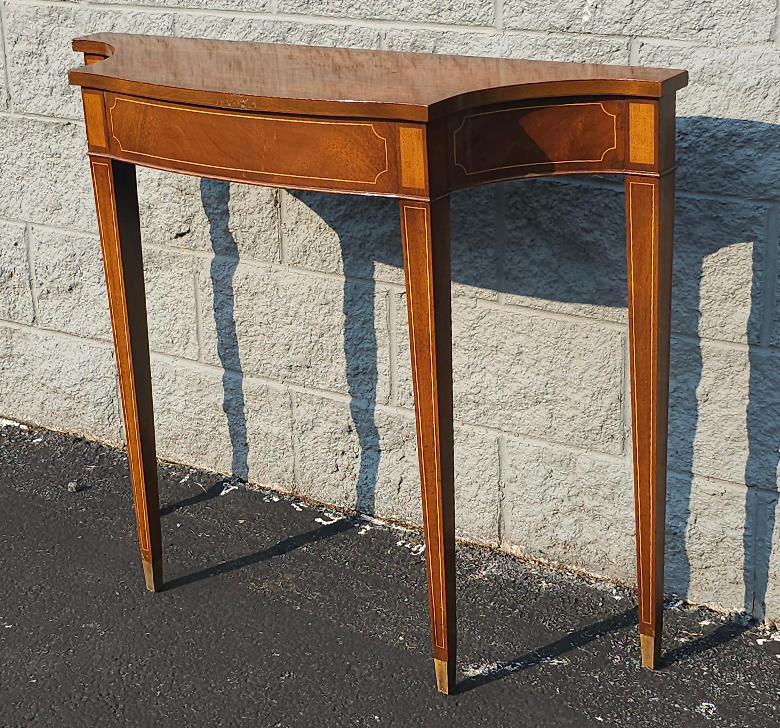 Inlay Hepplewhite Style Mahogany and Satinwood Console Table with Brass Capped Legs For Sale