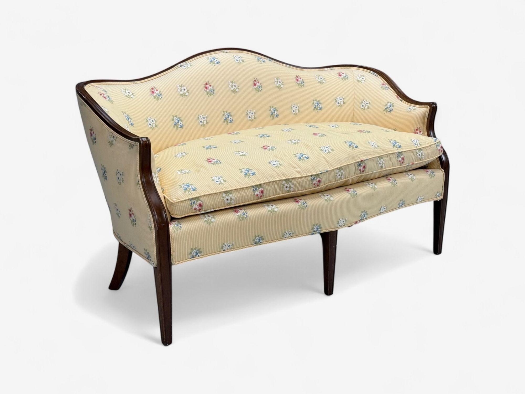Hepplewhite Style, Mahogany, Scalamandre Upholstery, Canape or Loveseat, 1930s

 A fine mahogany frame having a rich Scalamandre upholstery  bearing stripes and floral design, likely designed and produced in the first half of the 20th century. Down