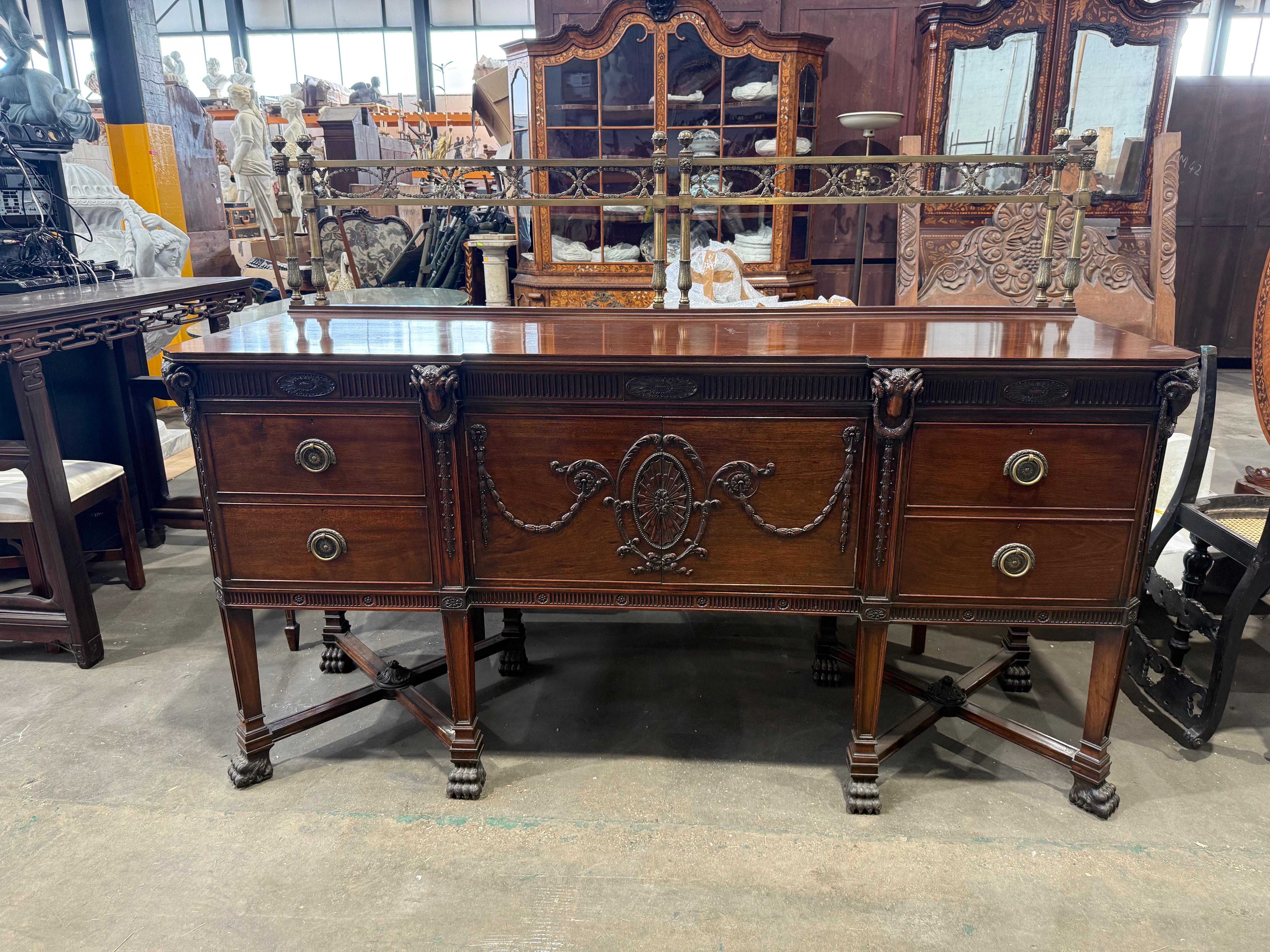 Hand-Carved Hepplewhite-Style Mahogany Sideboard with Brass Gallery For Sale