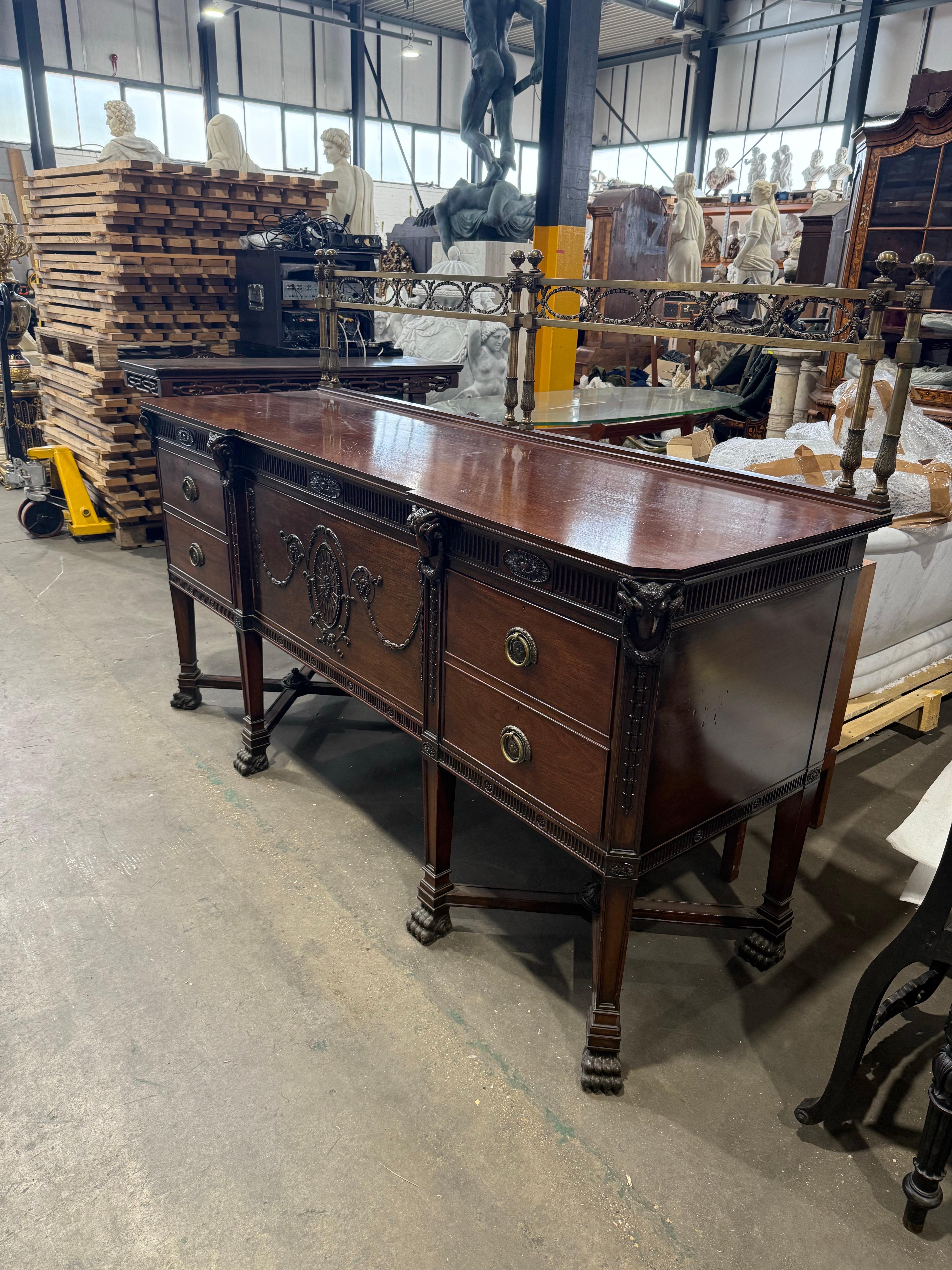 Hepplewhite-Style Mahogany Sideboard with Brass Gallery In Good Condition For Sale In Southall, GB