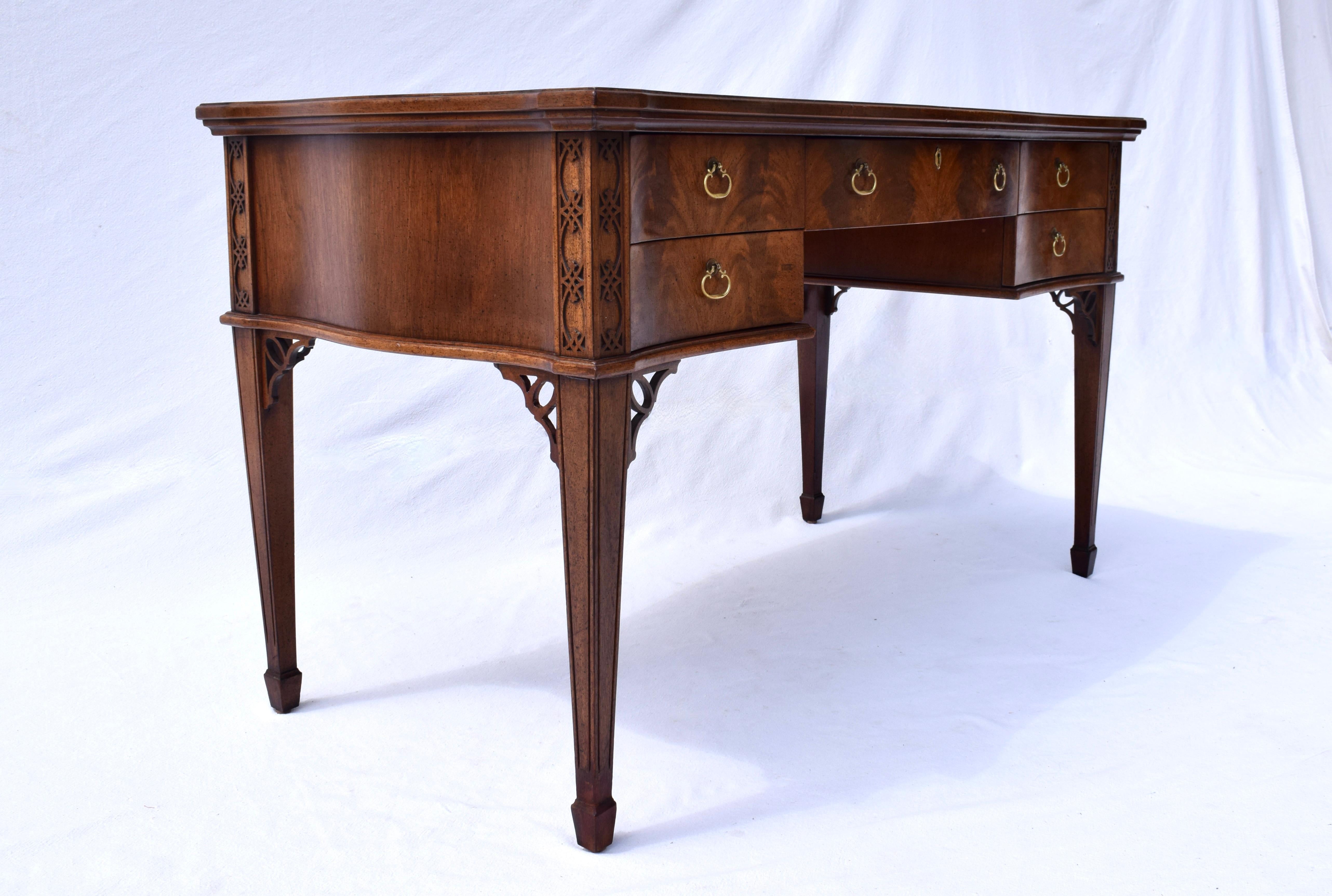 Brass Hepplewhite Style Serpentine Leather Top Writing Desk