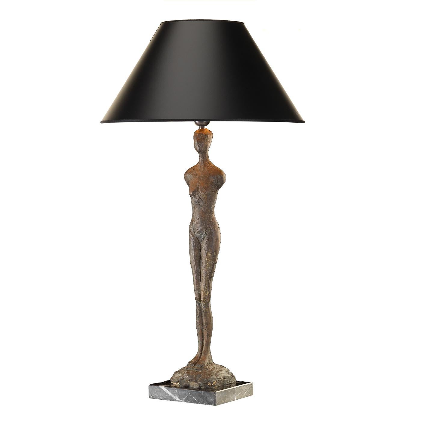 A superb display of Badari's creativity and craftsmanship, this exquisite table lamp celebrates the female form in an object of functional decor that will provide a stunning artistic accent in mid-century modern interiors. Raised on a square marble