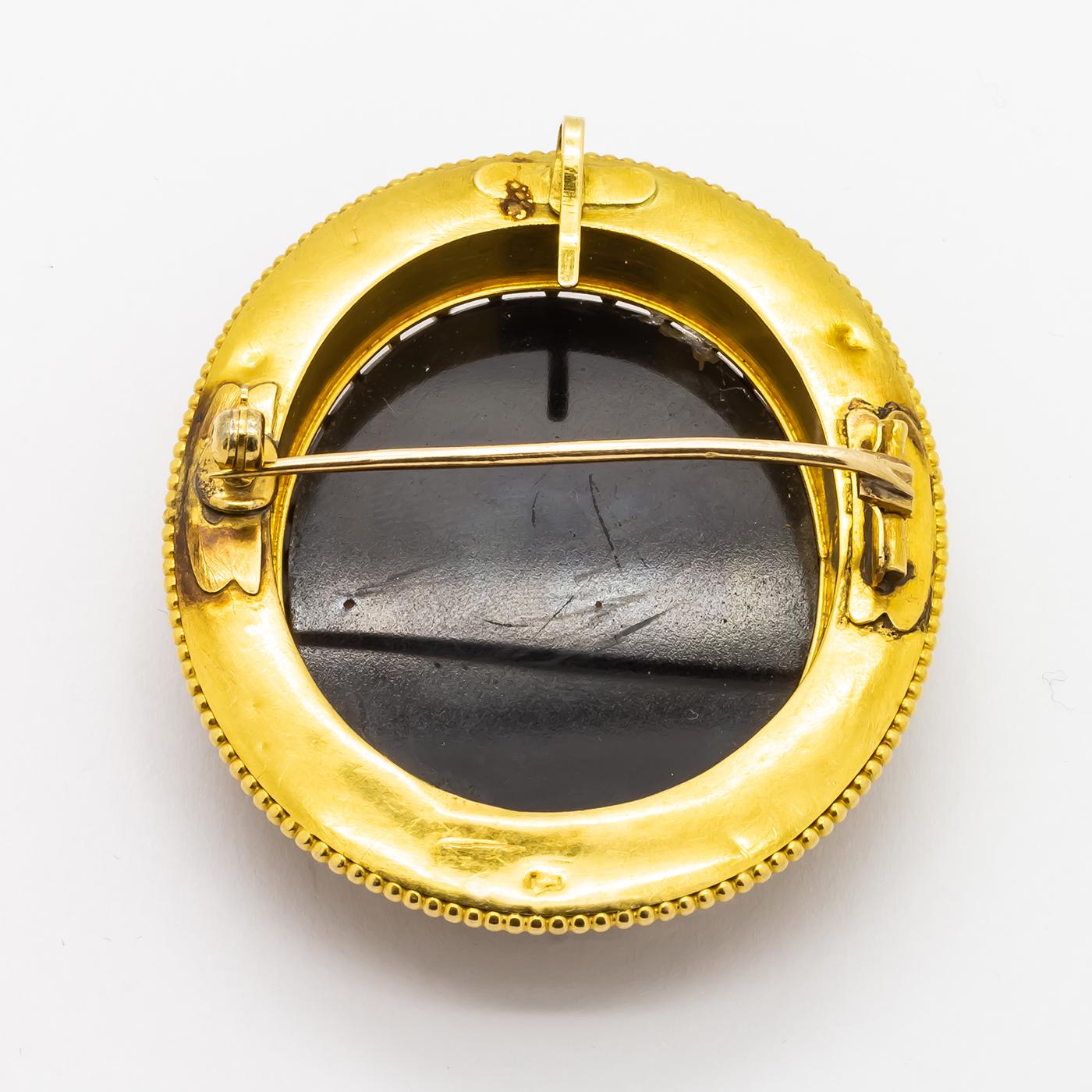 Late Victorian Hera Cameo Brooch with Sardonyx, Natural Pearl and Gold, Circa 1890 For Sale