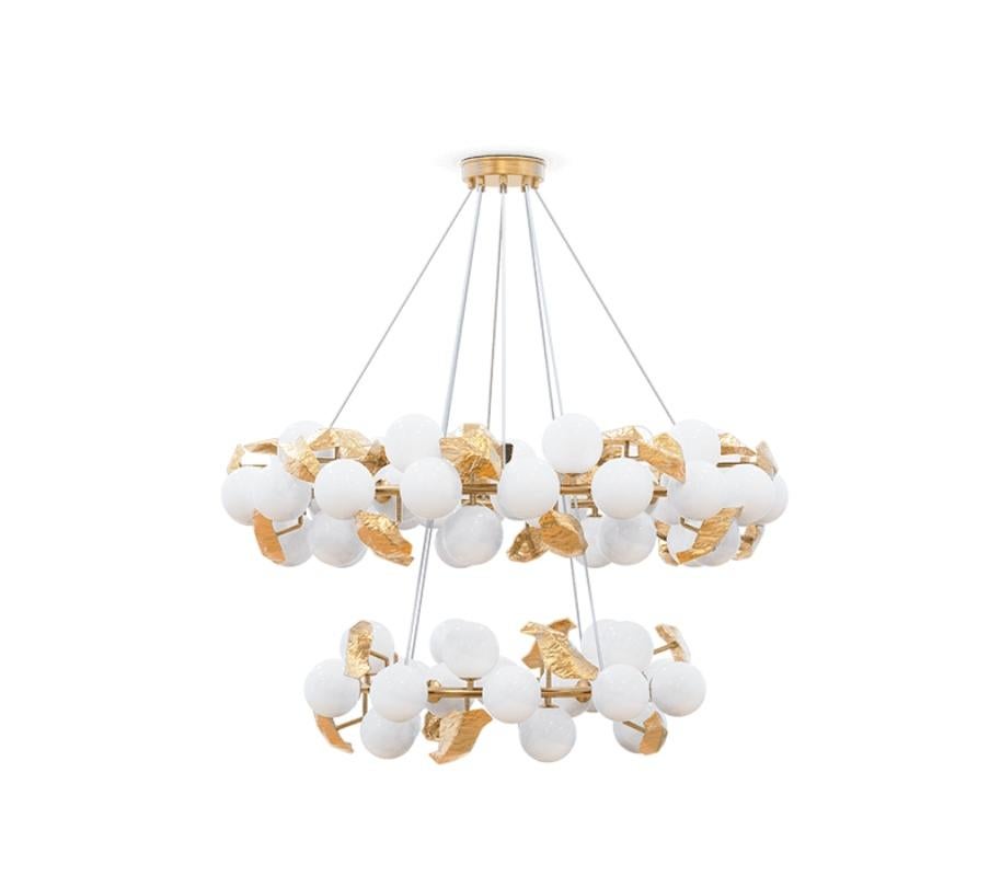 Modern Contemporary Hera Round II Brass Suspension Lamp by Boca do Lobo, a modern lighting fixture that is constructed with two tiers, with pendant lights hanging from a handmade round casted brass structure and bulbs in frosted glass. This lighting