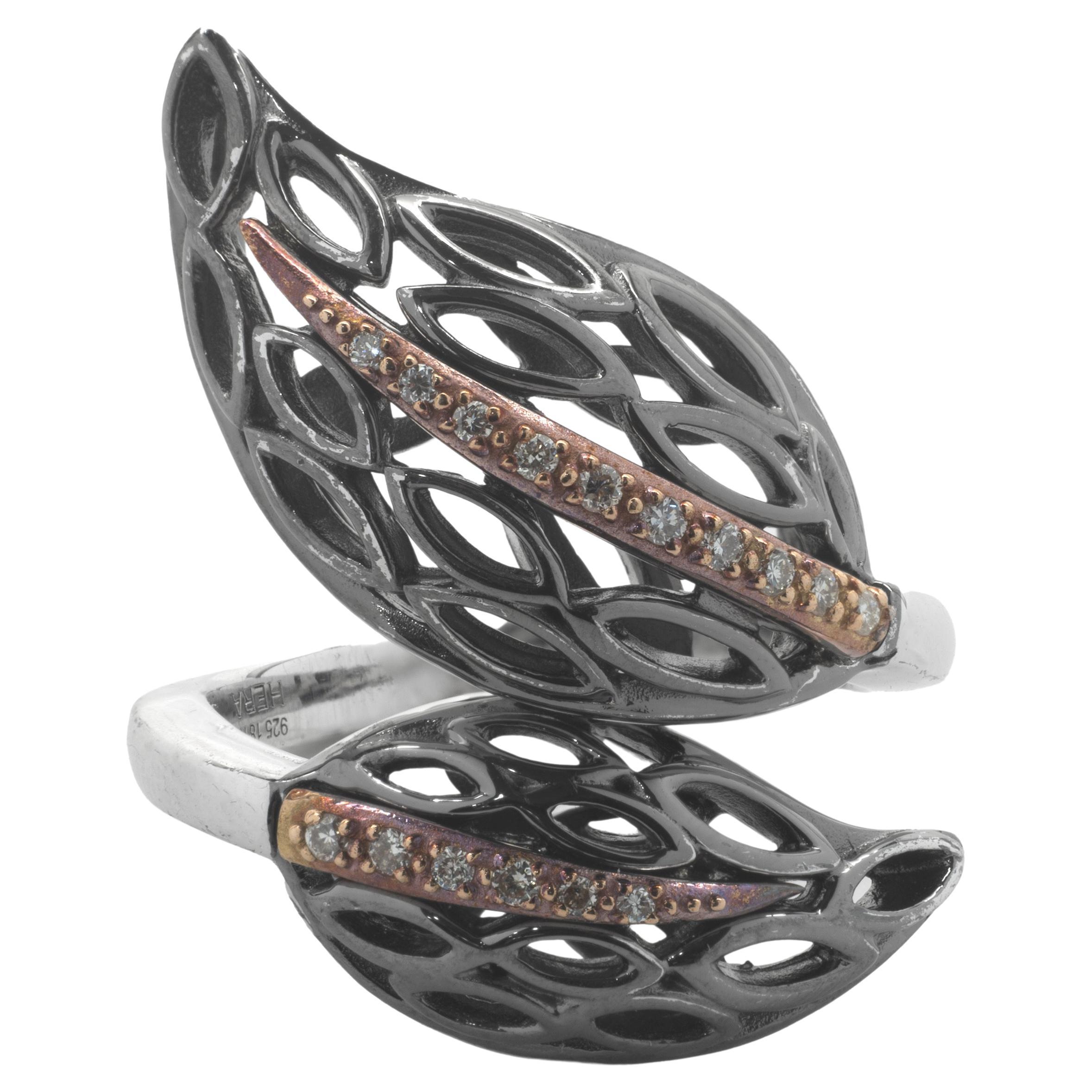 Hera Sterling Silver and 18 Karat Rose Gold Diamond Leaf Bypass Ring