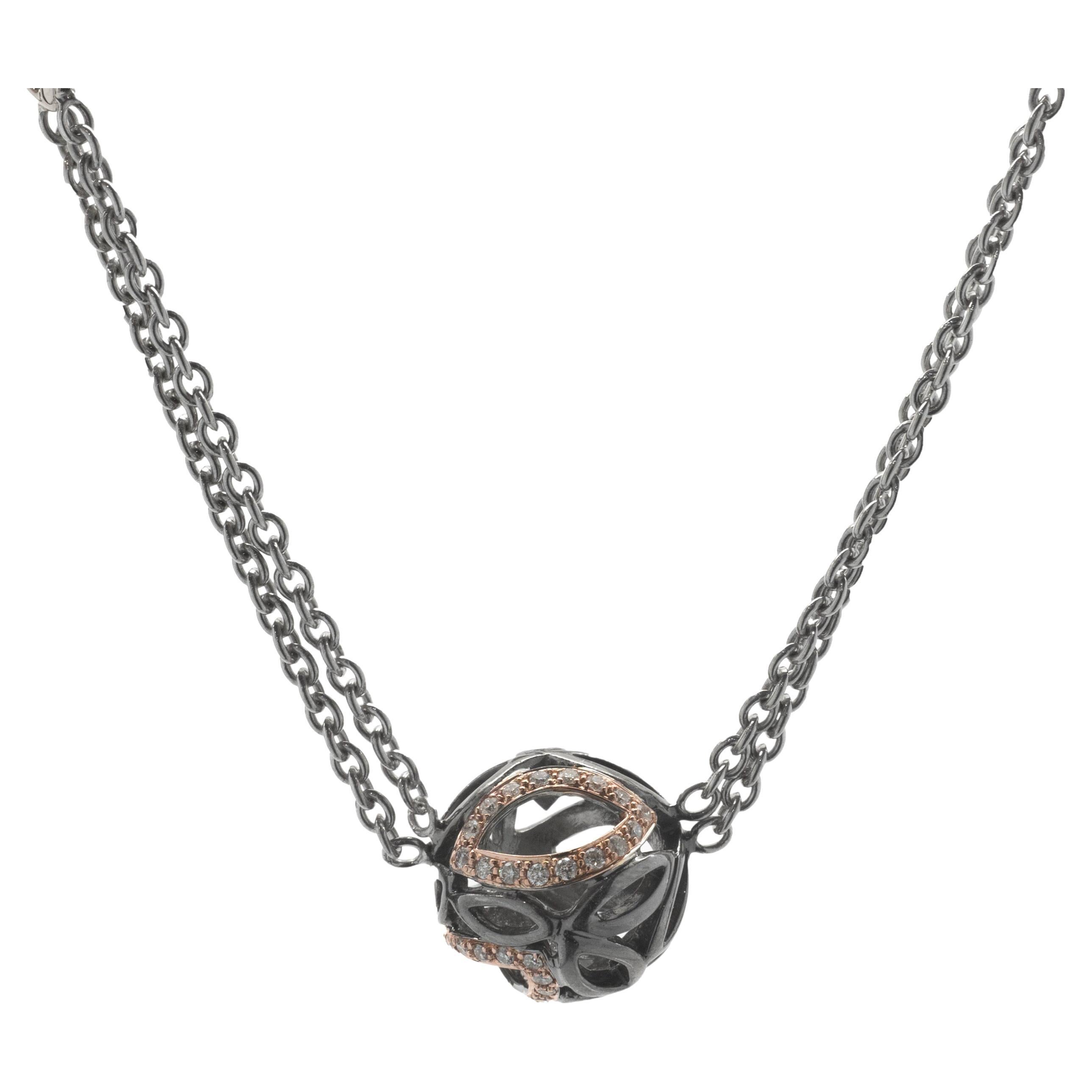 Hera Sterling Silver and 18k Rose Gold Station Necklace with Diamond Leaf Ball For Sale