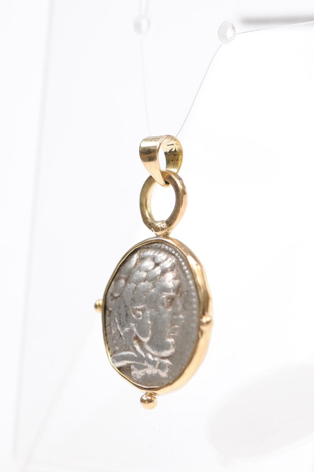 Classical Greek Heracles Silver Tetradrachm Coin Pendant w 18K trim For Sale