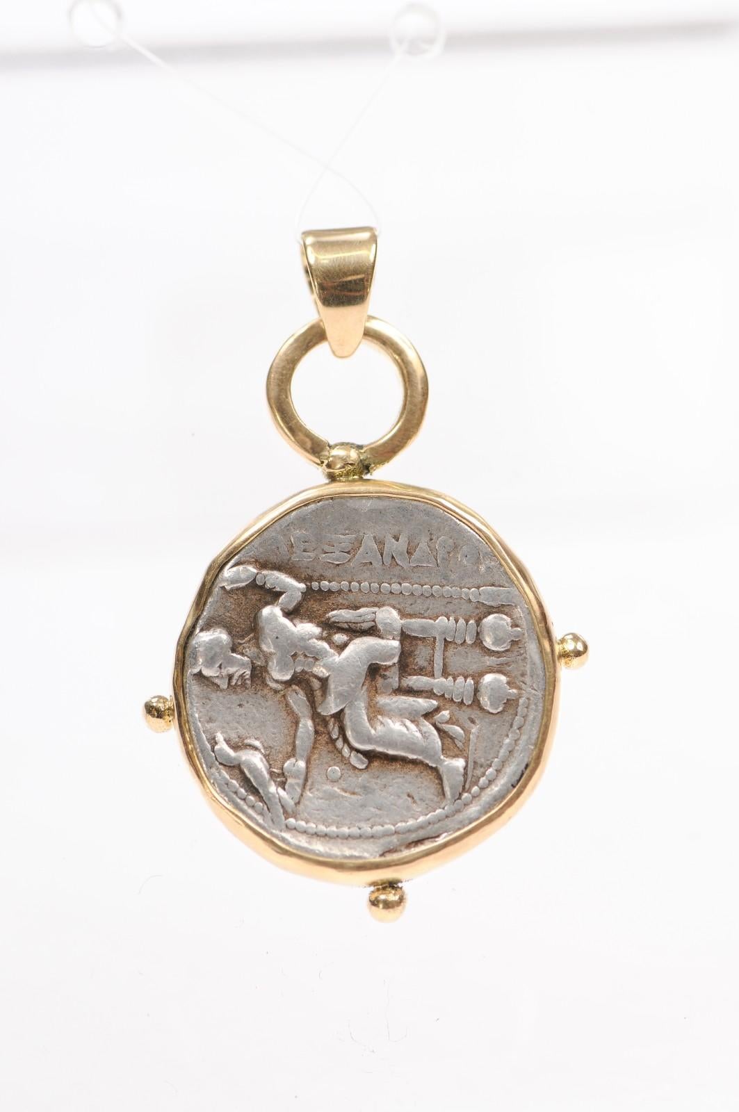 Heracles Silver Tetradrachm Coin Pendant w 18K trim In Excellent Condition For Sale In Atlanta, GA