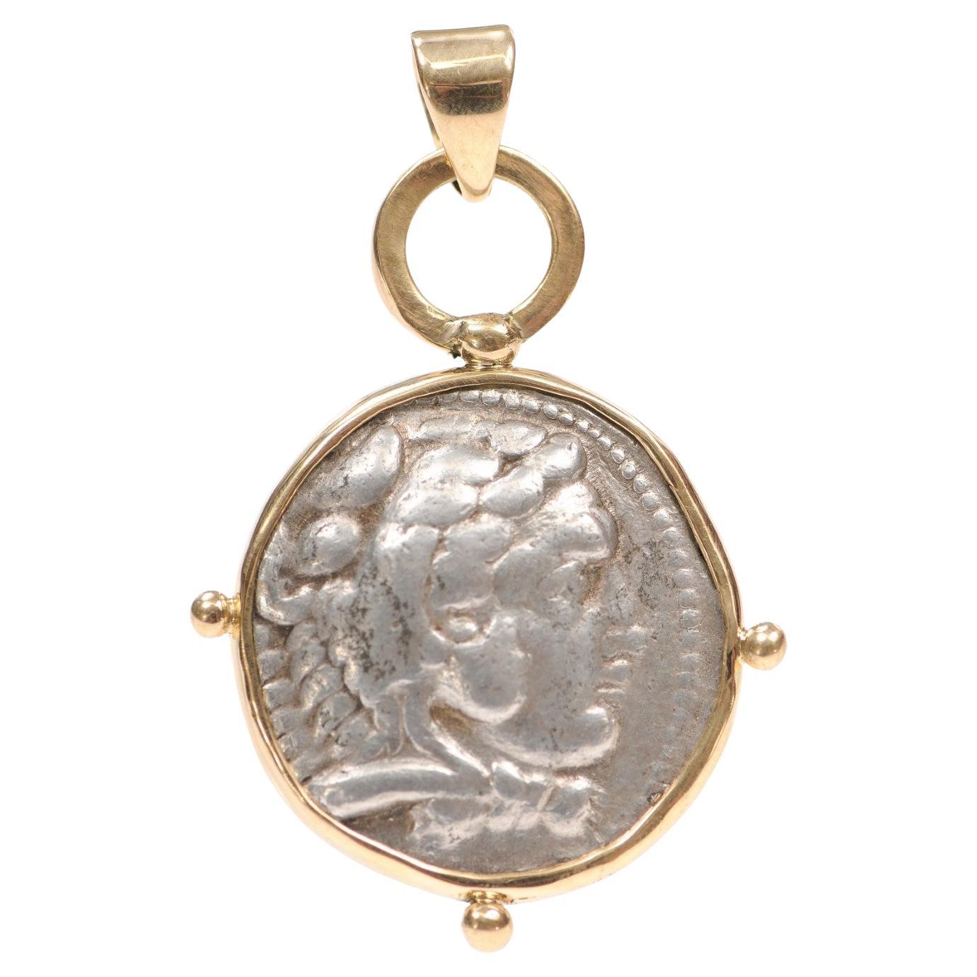 Heracles Silver Tetradrachm Coin Pendant w 18K trim For Sale