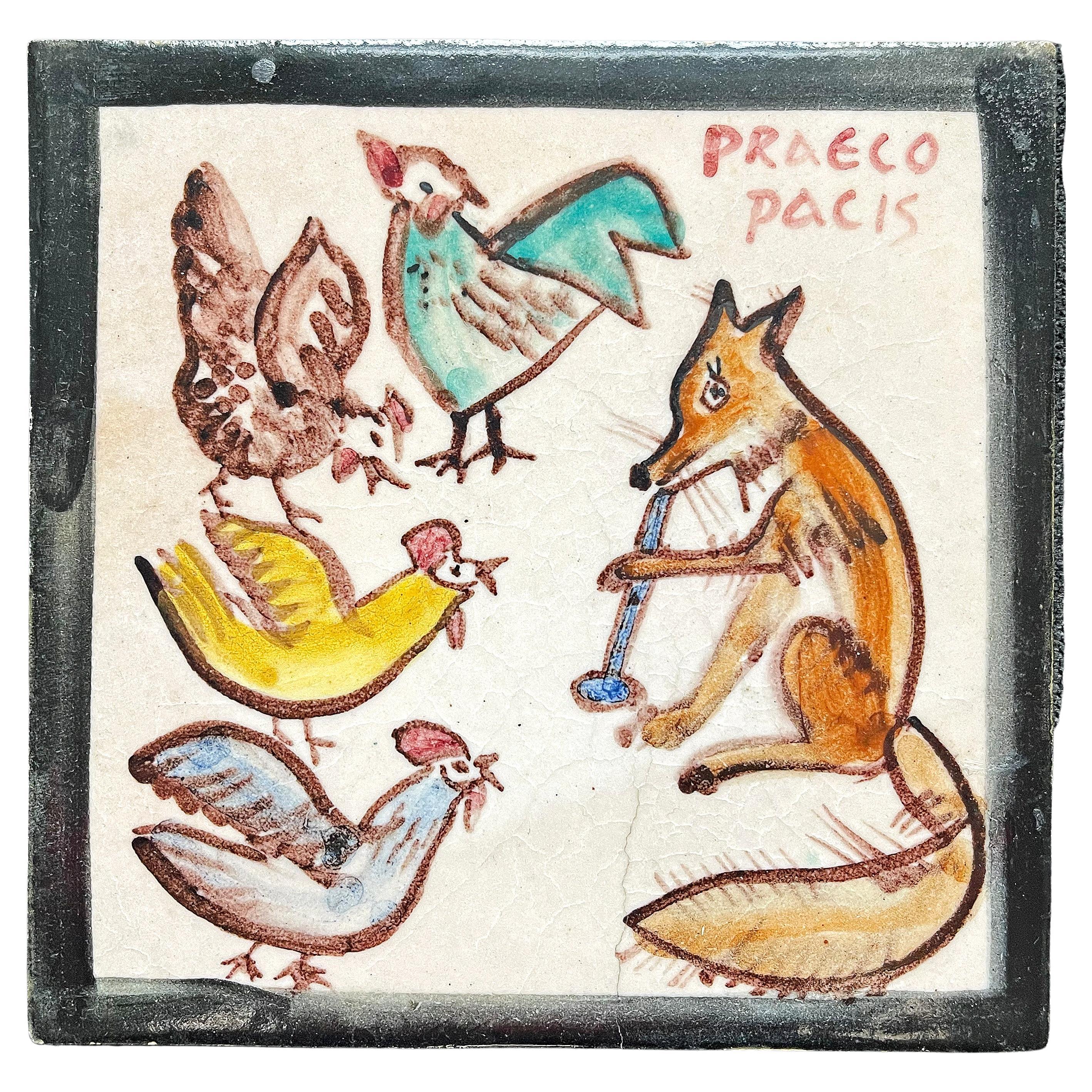 "Herald of Peace," Unique Art Deco Tile with Fox and Chickens by ICS, Italy