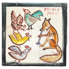 "Herald of Peace," Unique Art Deco Tile with Fox and Chickens by ICS, Italy