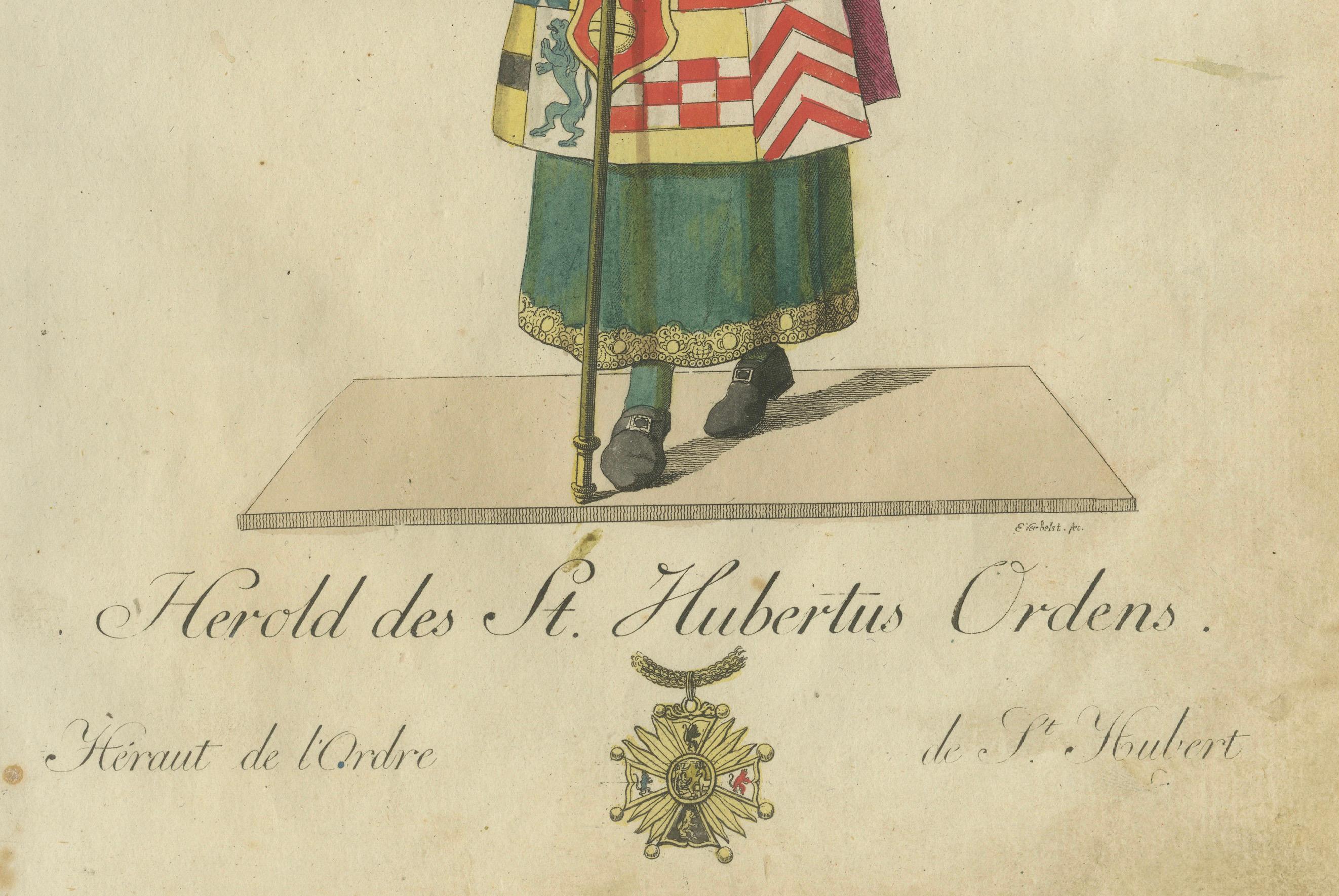 Araldo dell'Ordine di Sant'Uberto: incisione colorata a mano del 1791 in abito da cerimonia  

Questa vivace incisione colorata a mano, intitolata 