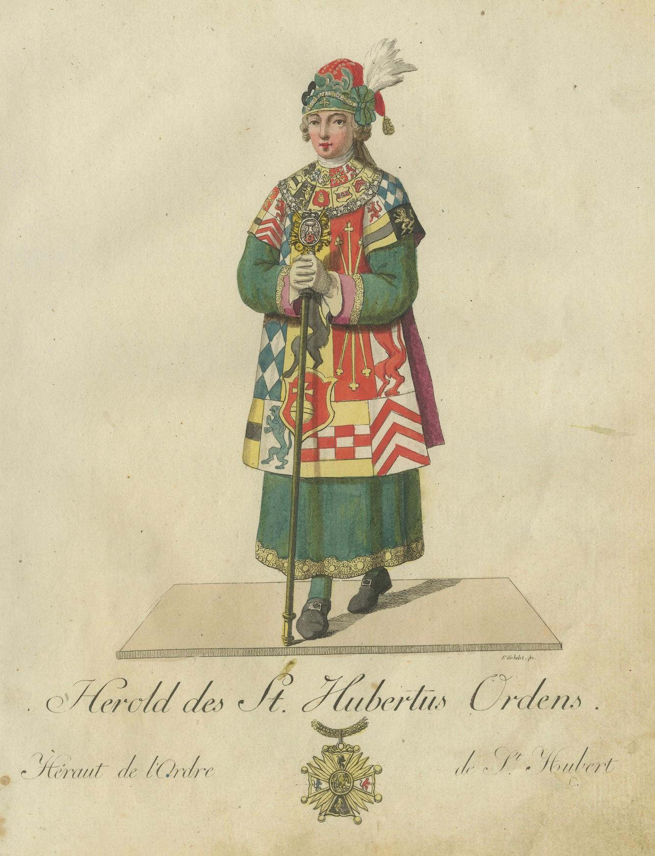 Fine XVIII secolo Araldo dell'Ordine di Sant'Uberto: incisione a colori del 1791 in abito da cerimonia in vendita