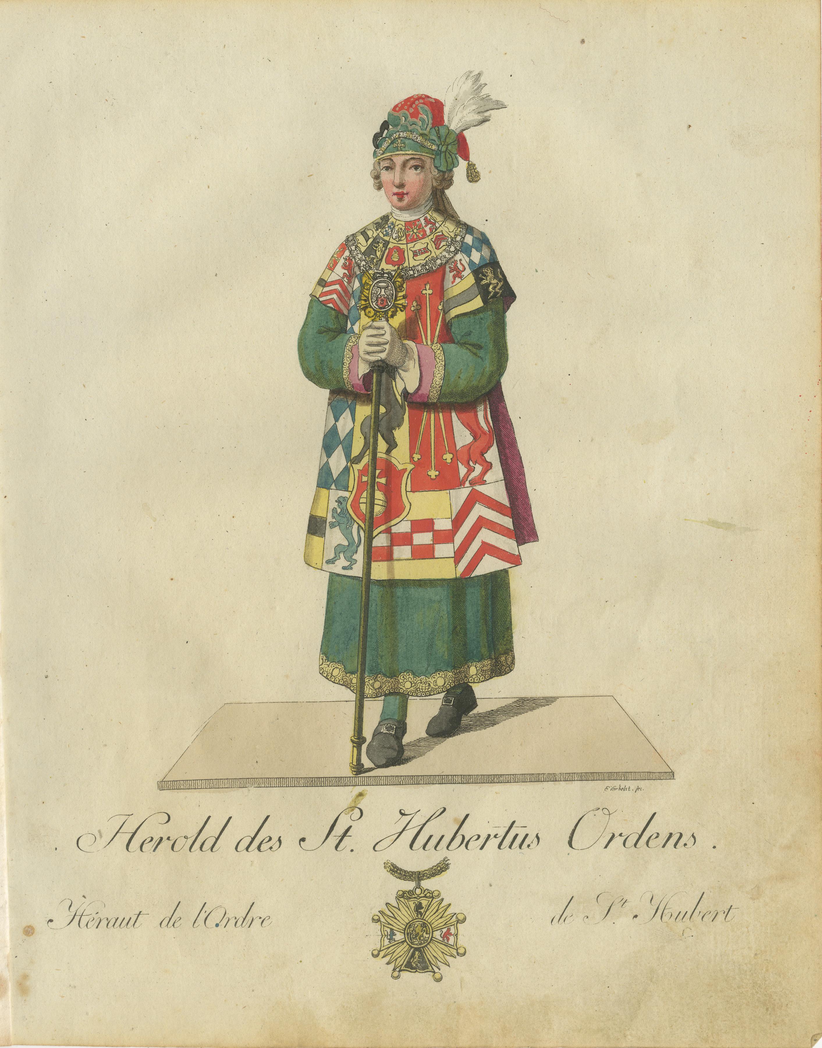 Carta Araldo dell'Ordine di Sant'Uberto: incisione a colori del 1791 in abito da cerimonia in vendita