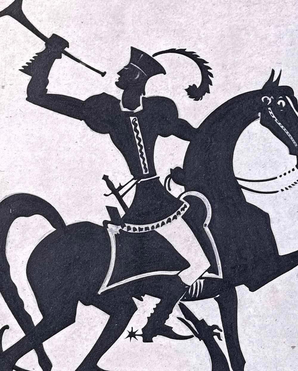 Questo disegno raffigura un araldo a cavallo, con la tromba alzata in alto, con un cane o un cane da caccia attenuato sotto i piedi, con il muso rivolto verso l'alto per vedere il cavaliere.  Le figure angolari e altamente stilizzate qui raffigurate