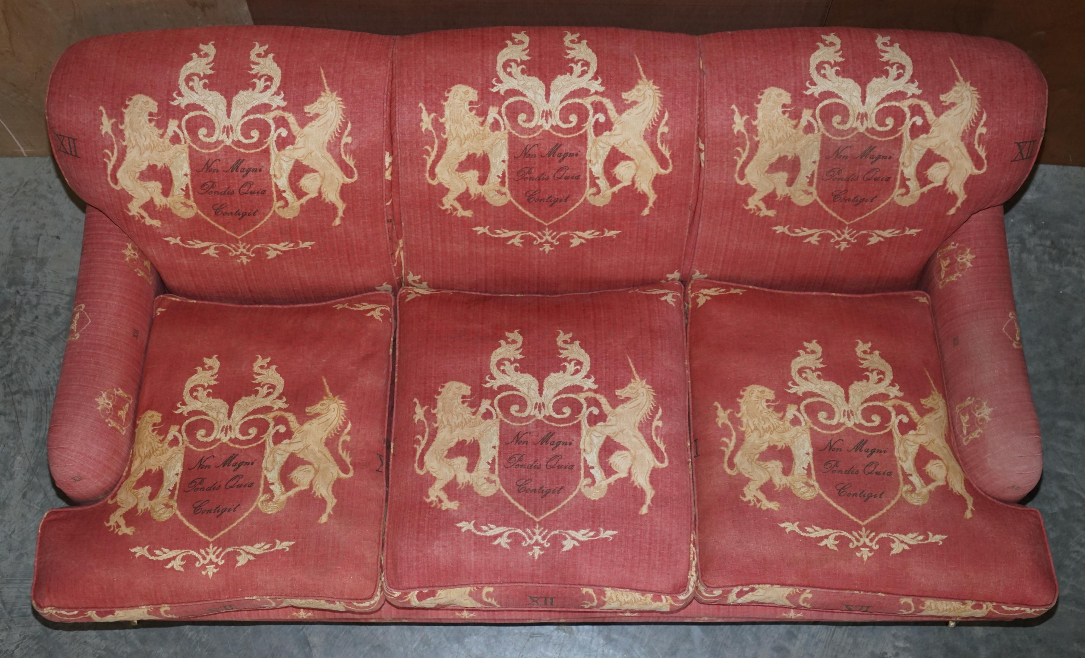 Heraldic Armorial Crest George Smith Howard Style Scroll Arm Three Seater Sofa 3