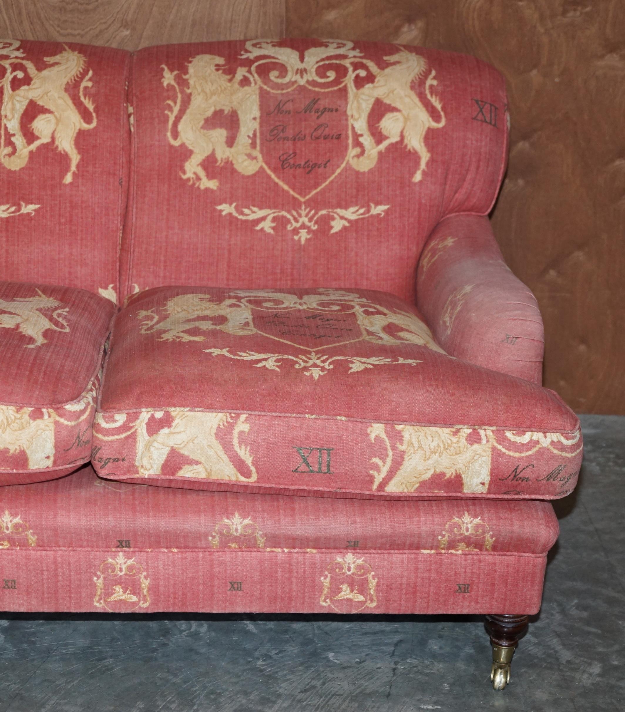 Victorian Heraldic Armorial Crest George Smith Howard Style Scroll Arm Three Seater Sofa