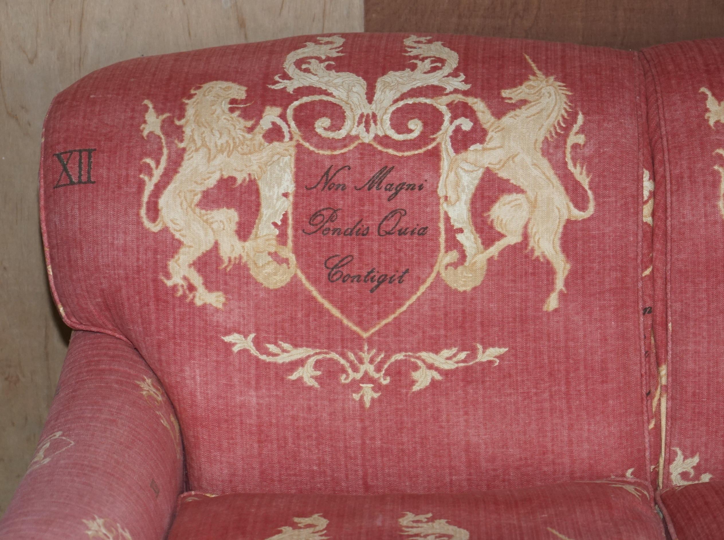 English Heraldic Armorial Crest George Smith Howard Style Scroll Arm Three Seater Sofa