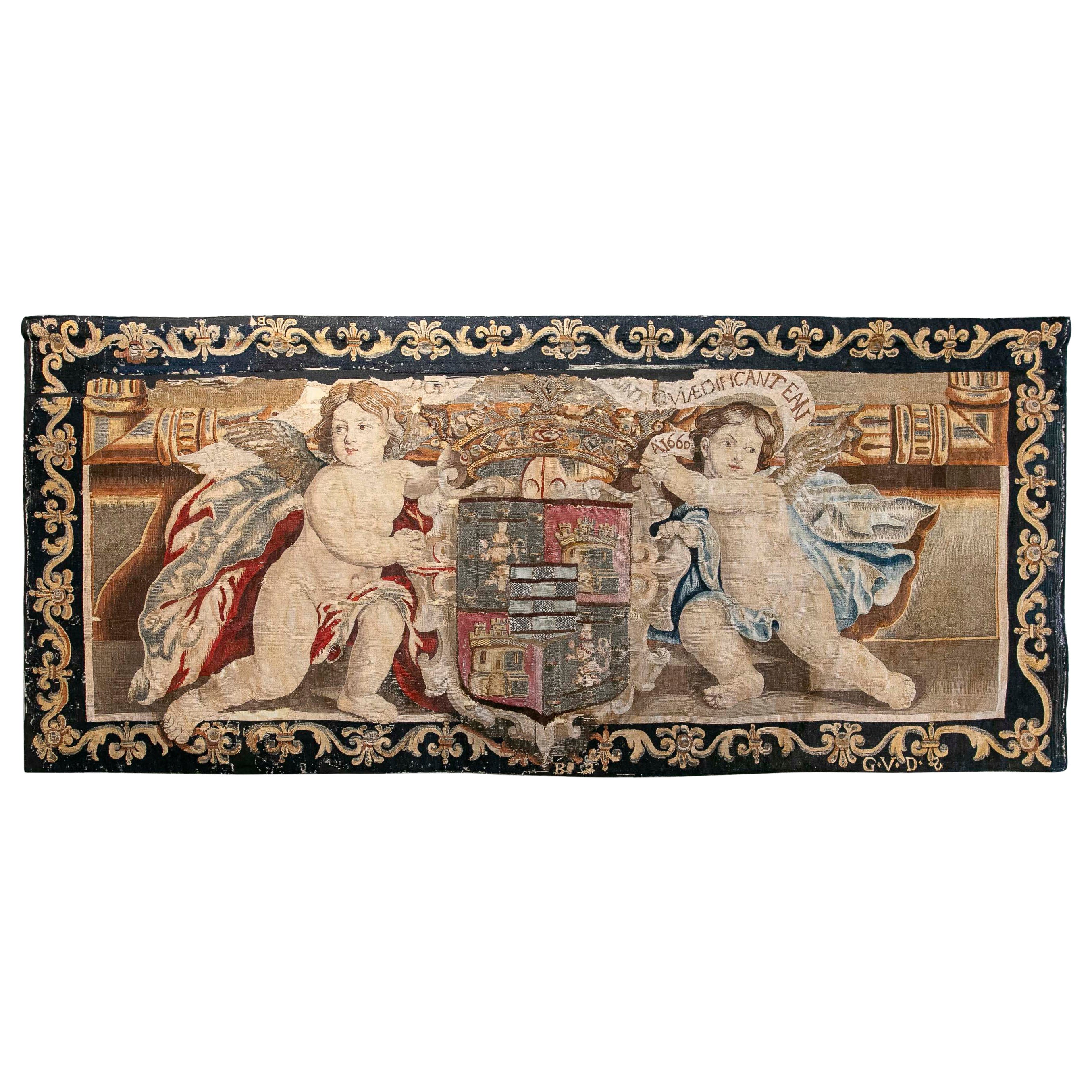 Heraldic Brussels Tapestry with Angels and Shield Dated 1666 and Signed