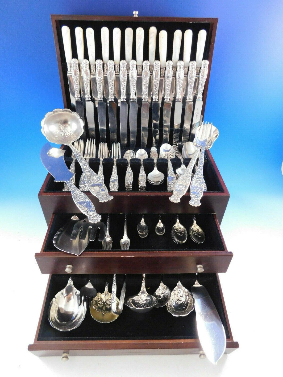 Superb Heraldic by Whiting sterling silver flatware set - 135 pieces. Heraldic is scarce, circa 1880, multi-motif pattern that features bold scrolling leaves flowing down the handle around a shield-shaped cartouche below a knight's helmet.

This set