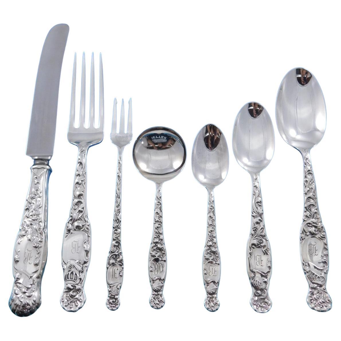Set di posate in argento Sterling Heraldic by Whiting per 12 persone Servizio da 100 pezzi Cena in vendita