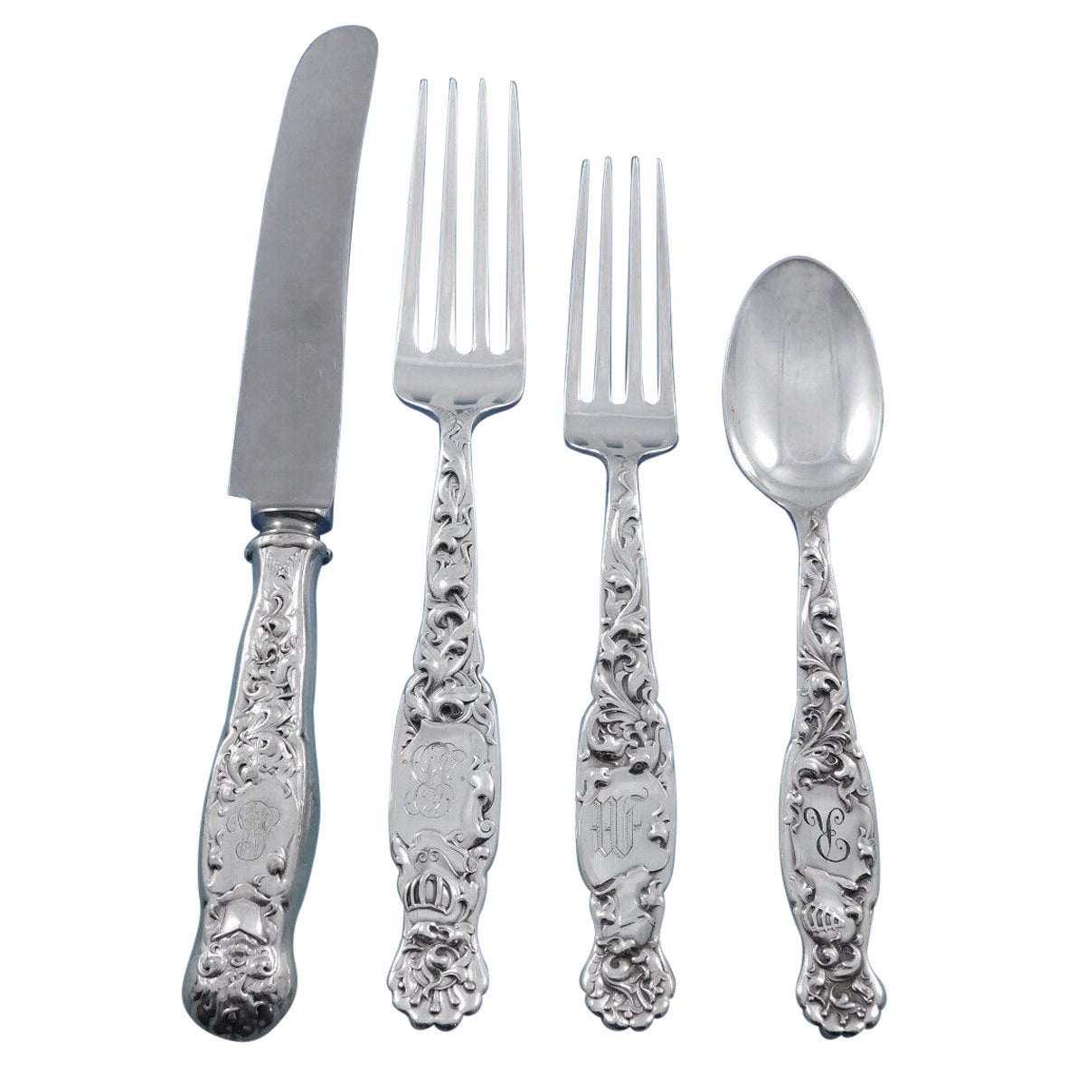 Heraldic by Whiting Sterling Silber Besteck Set für 8 Service 35 Pieces Selten im Angebot