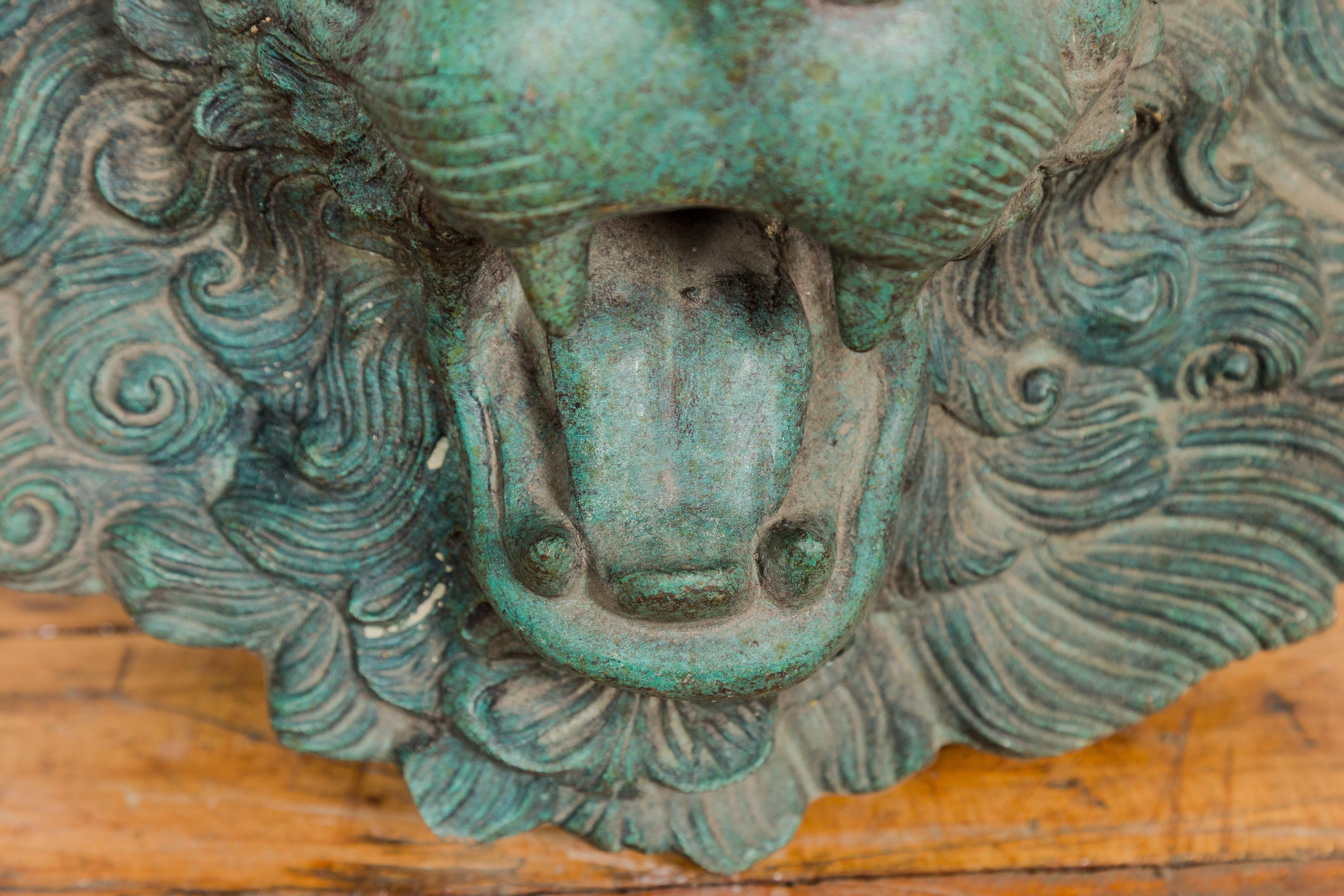 Heraldic Cast Bronze Lion Head Sculpture Tubed as a Fountain, Verdigris Patina 7