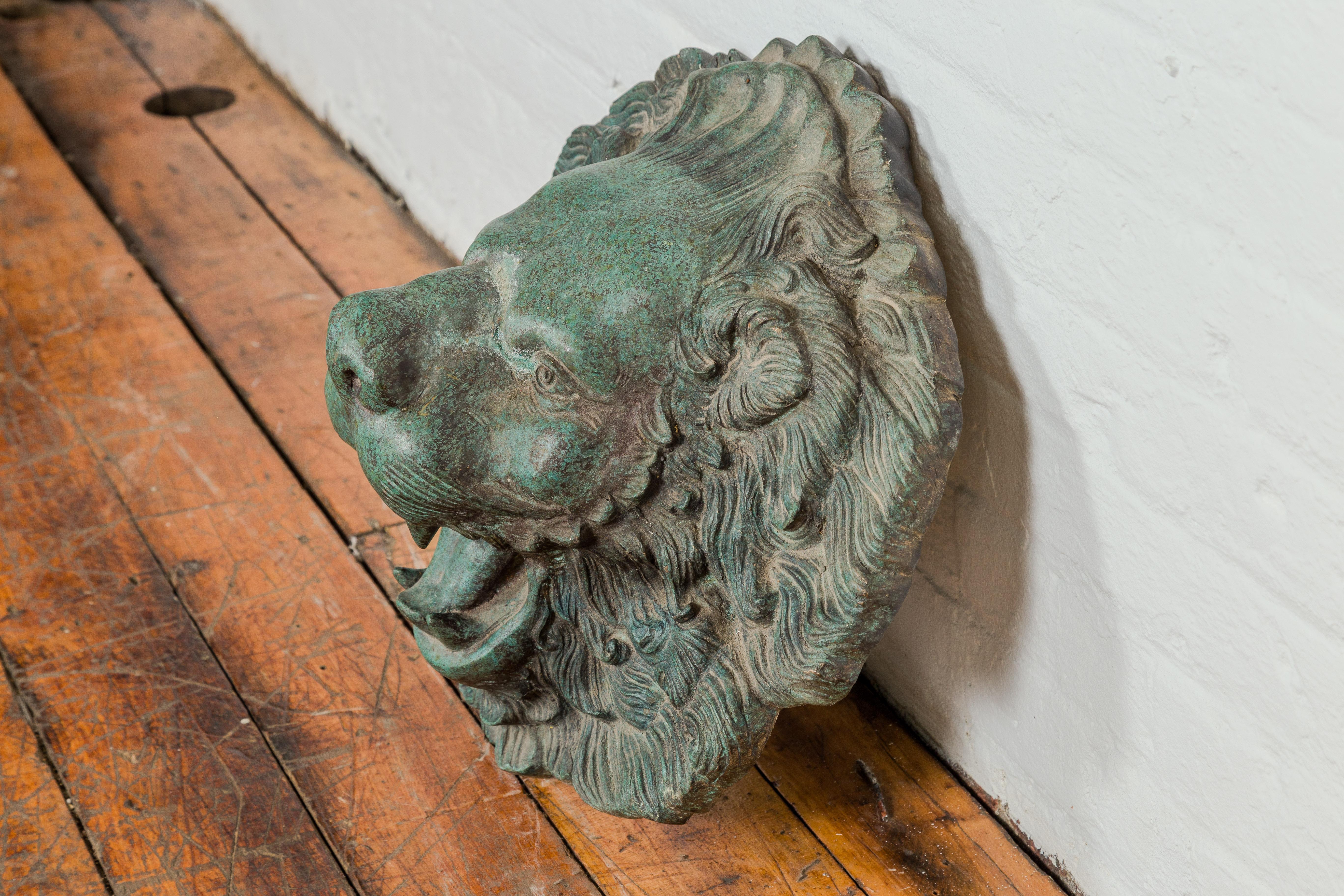 Heraldic Cast Bronze Lion Head Sculpture Tubed as a Fountain, Verdigris Patina 9
