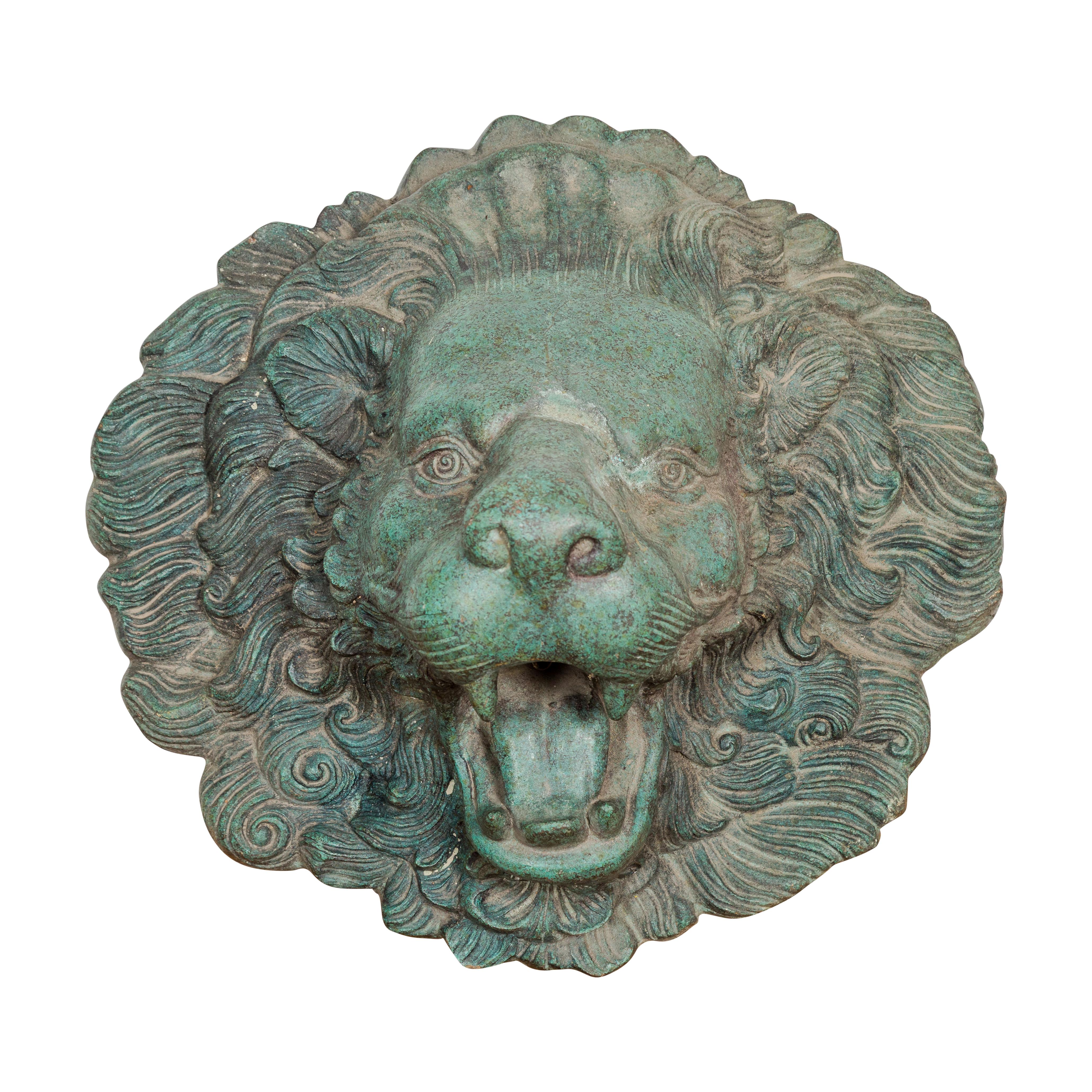 Heraldic Cast Bronze Lion Head Sculpture Tubed as a Fountain, Verdigris Patina 11
