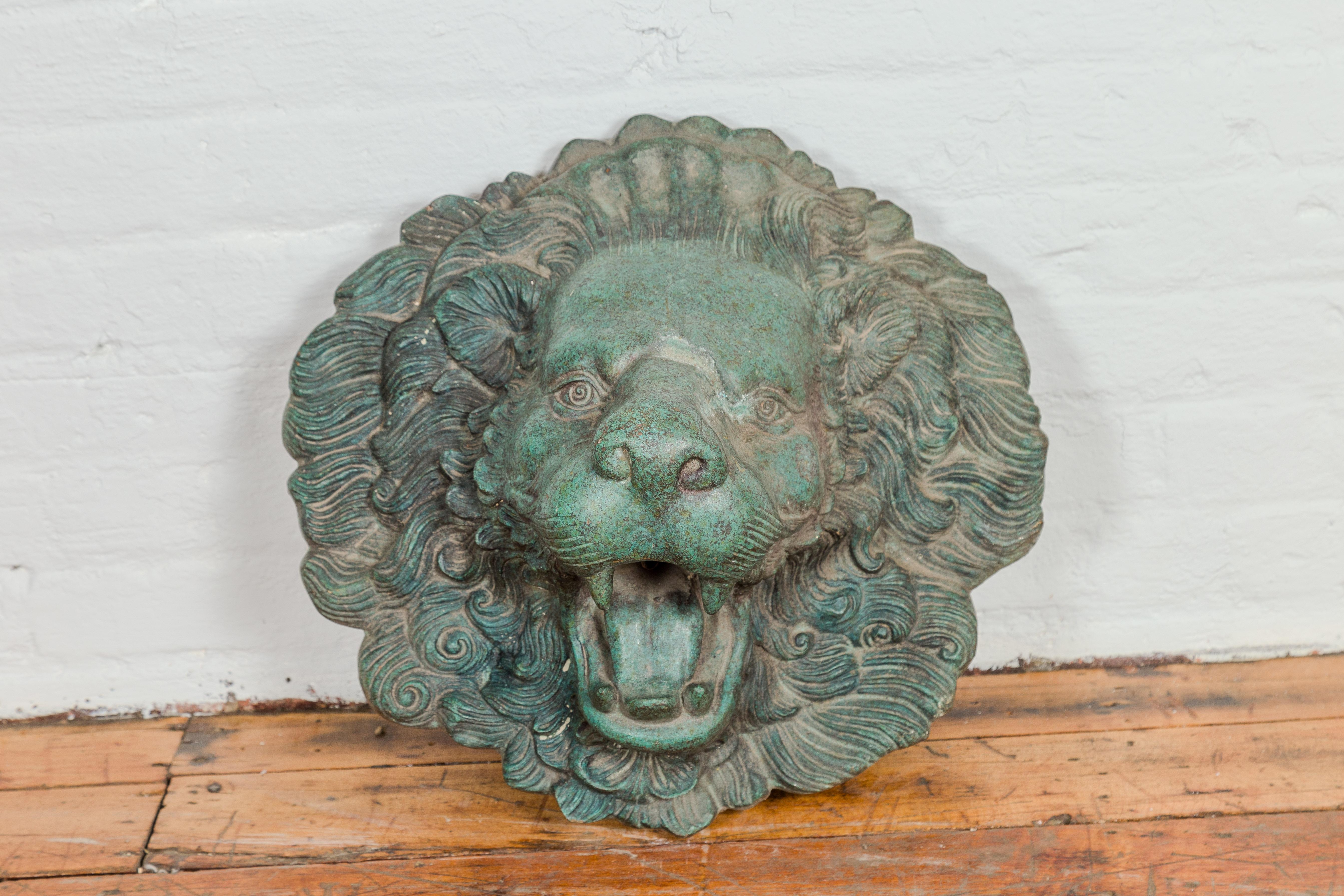 Heraldic Cast Bronze Lion Head Sculpture Tubed as a Fountain, Verdigris Patina In Good Condition In Yonkers, NY