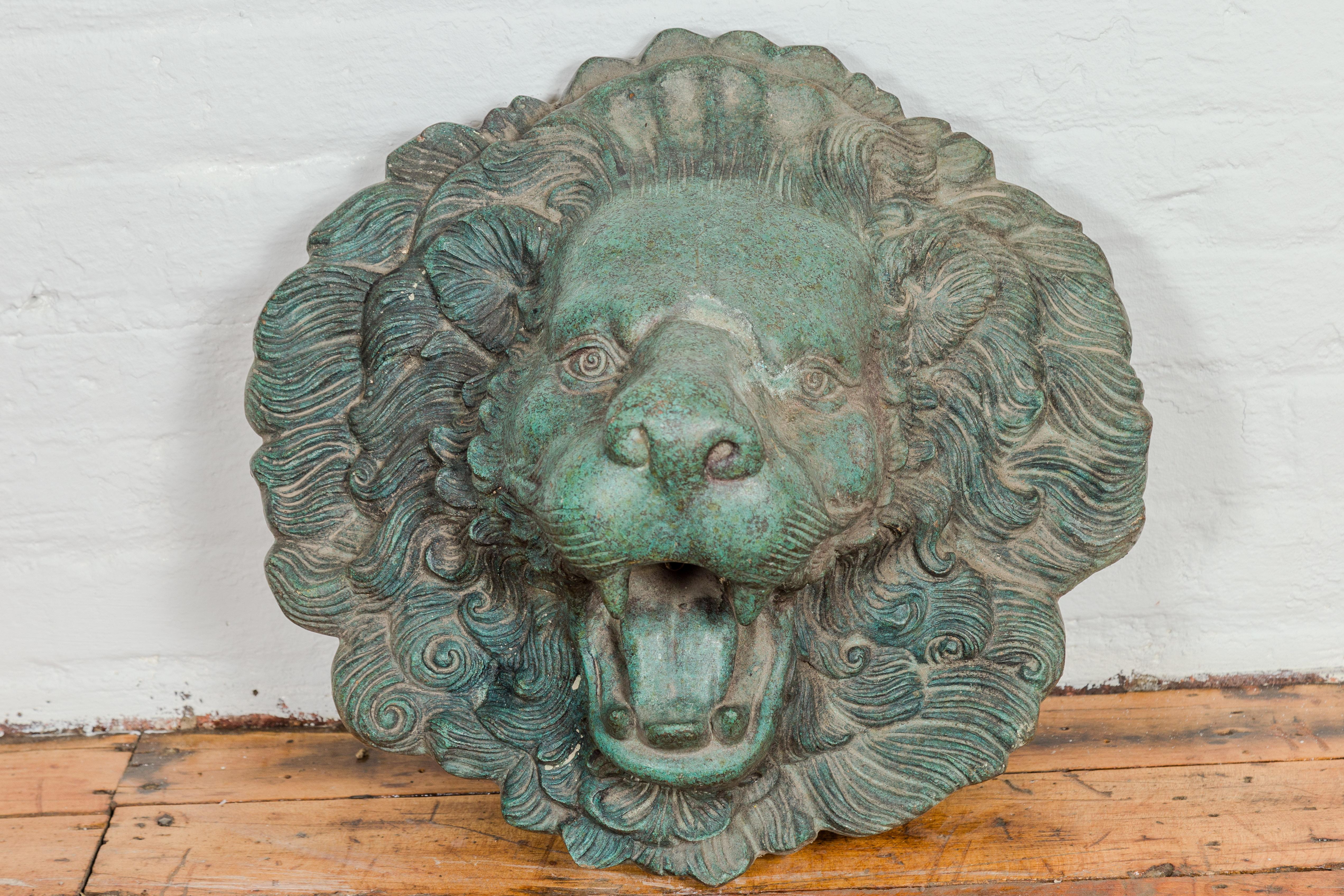 20th Century Heraldic Cast Bronze Lion Head Sculpture Tubed as a Fountain, Verdigris Patina