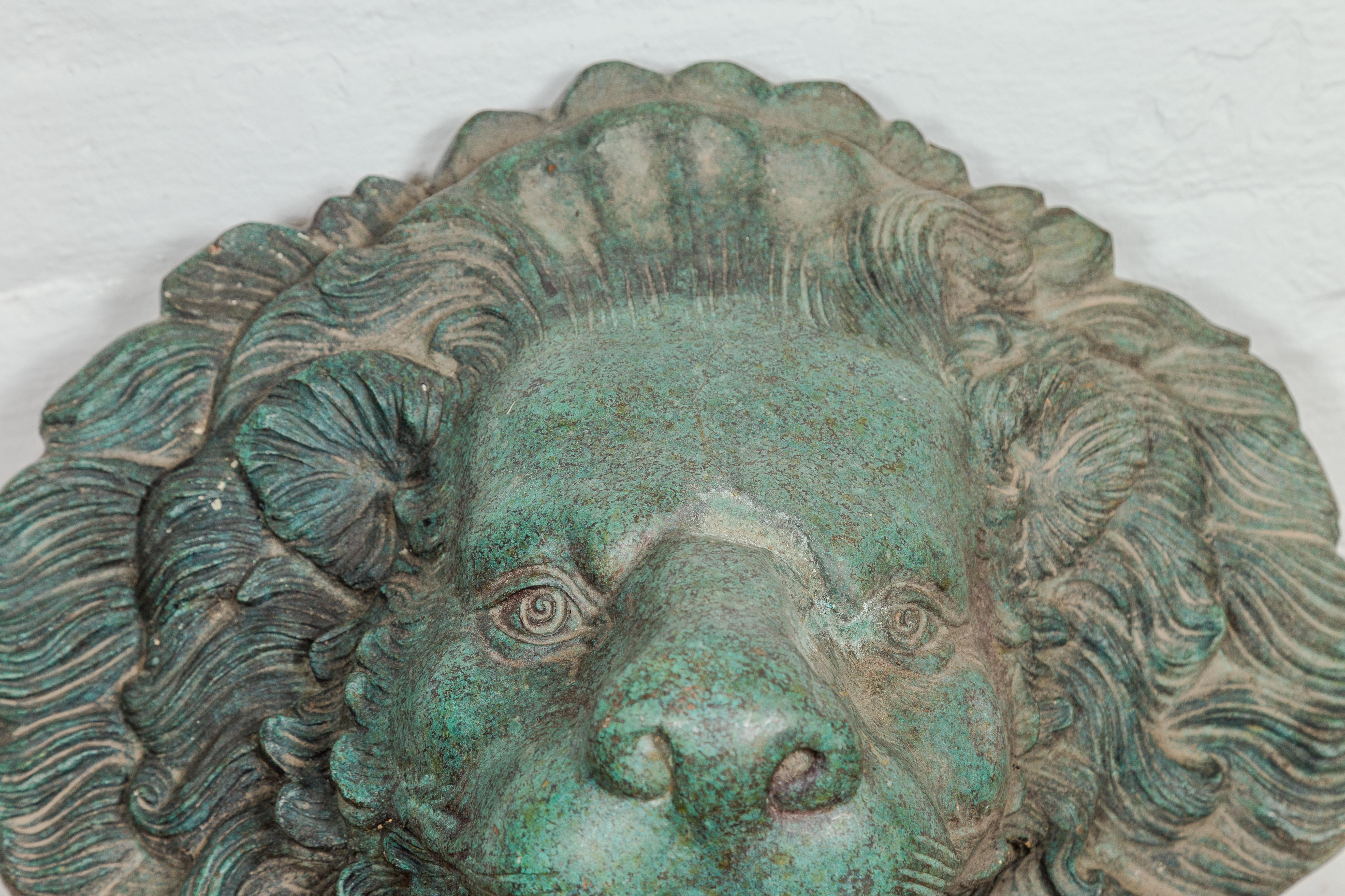 Heraldic Cast Bronze Lion Head Sculpture Tubed as a Fountain, Verdigris Patina 1