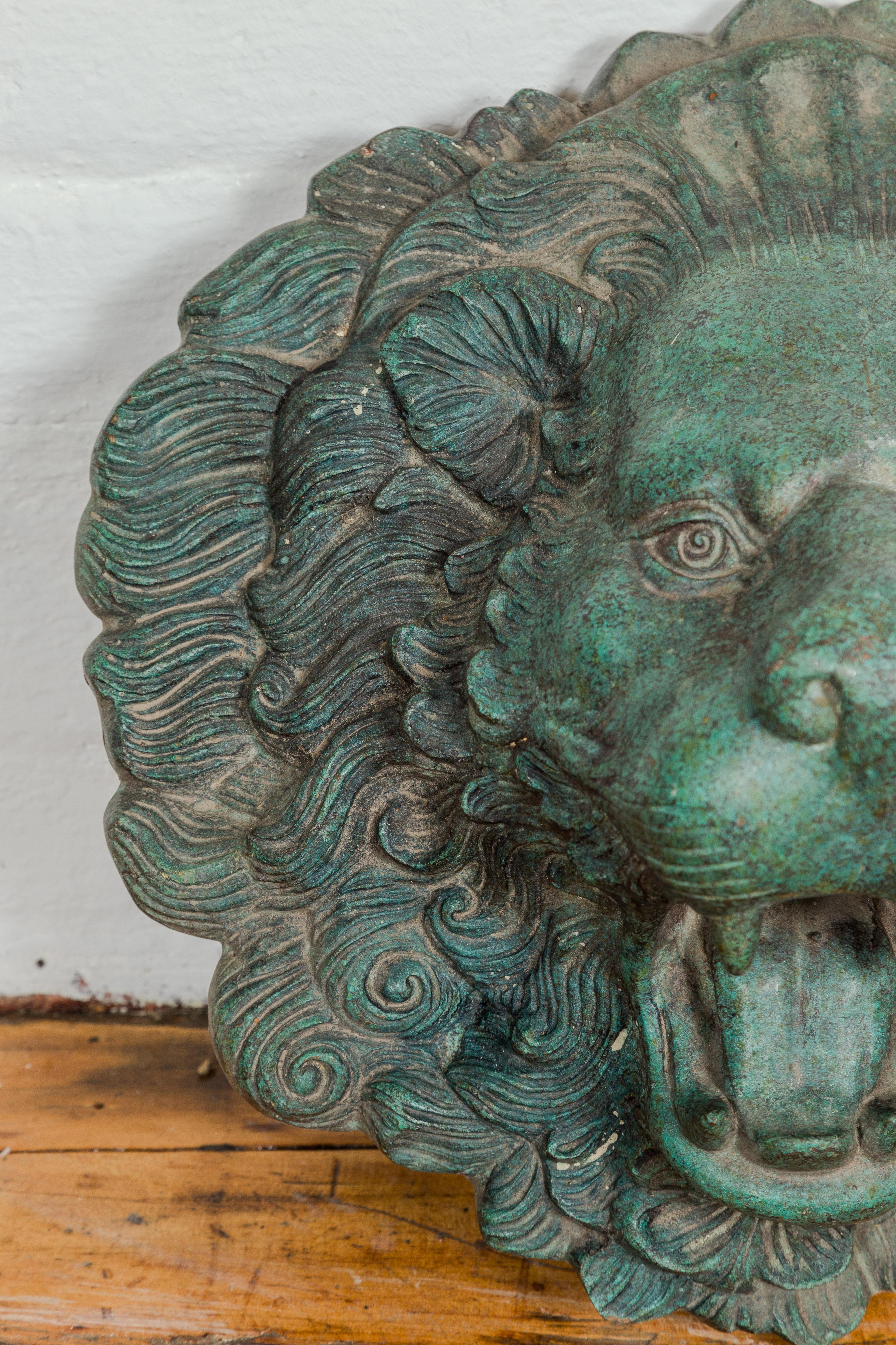 Heraldic Cast Bronze Lion Head Sculpture Tubed as a Fountain, Verdigris Patina 2
