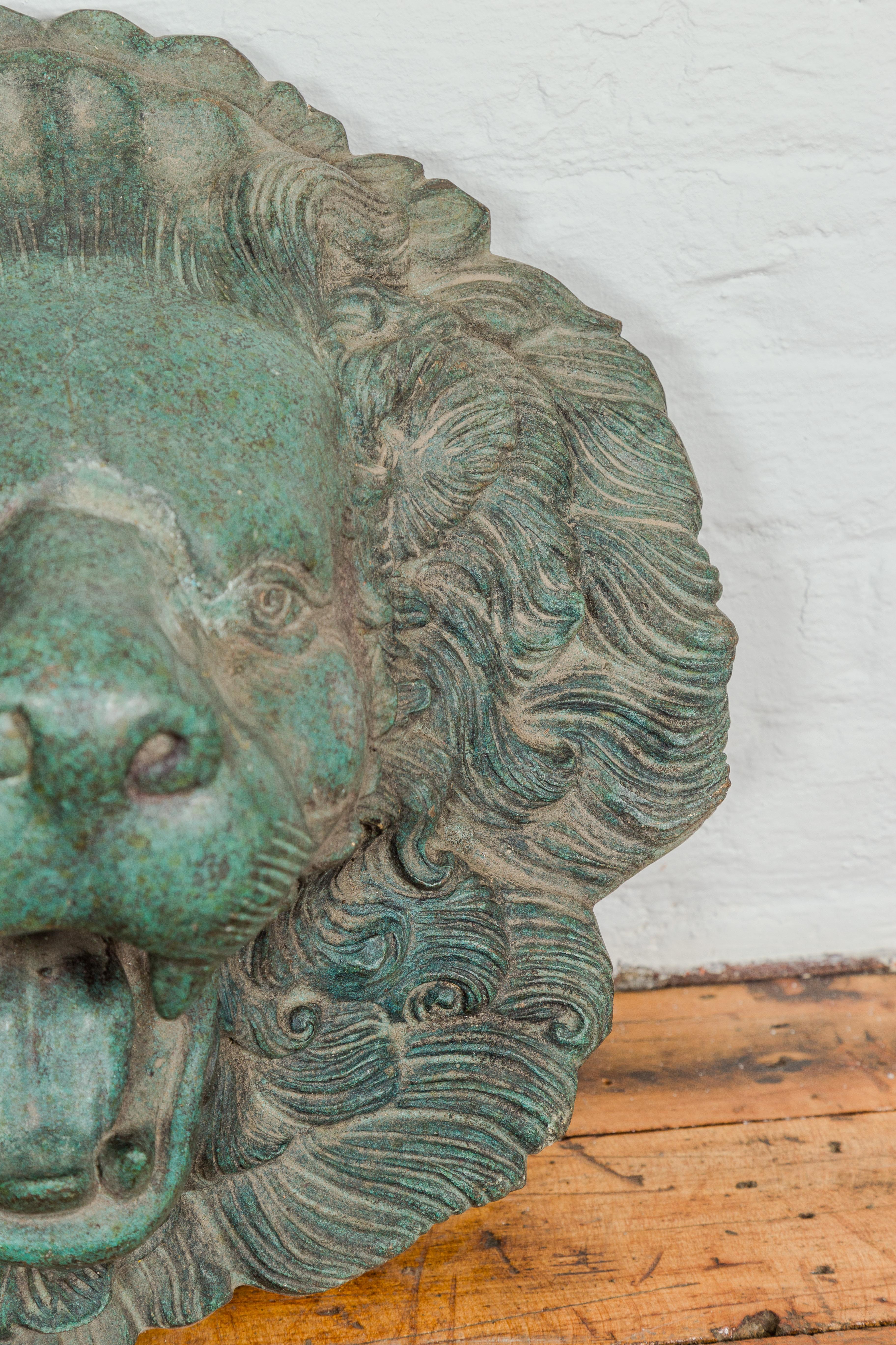 Heraldic Cast Bronze Lion Head Sculpture Tubed as a Fountain, Verdigris Patina 3