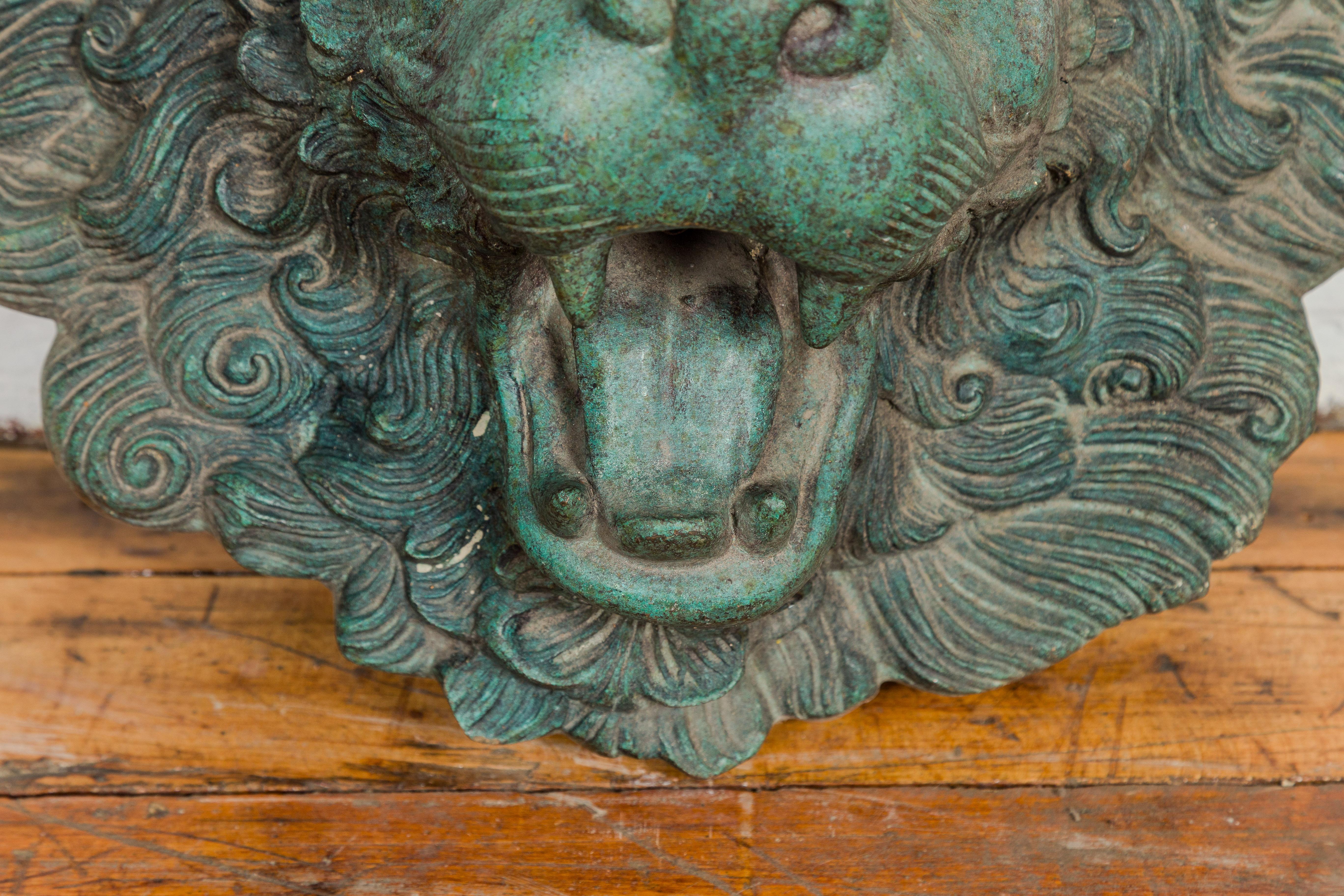 Heraldic Cast Bronze Lion Head Sculpture Tubed as a Fountain, Verdigris Patina 4