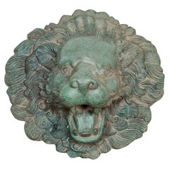 Heraldic Cast Bronze Lion Head Sculpture Tubed as a Fountain, Verdigris Patina