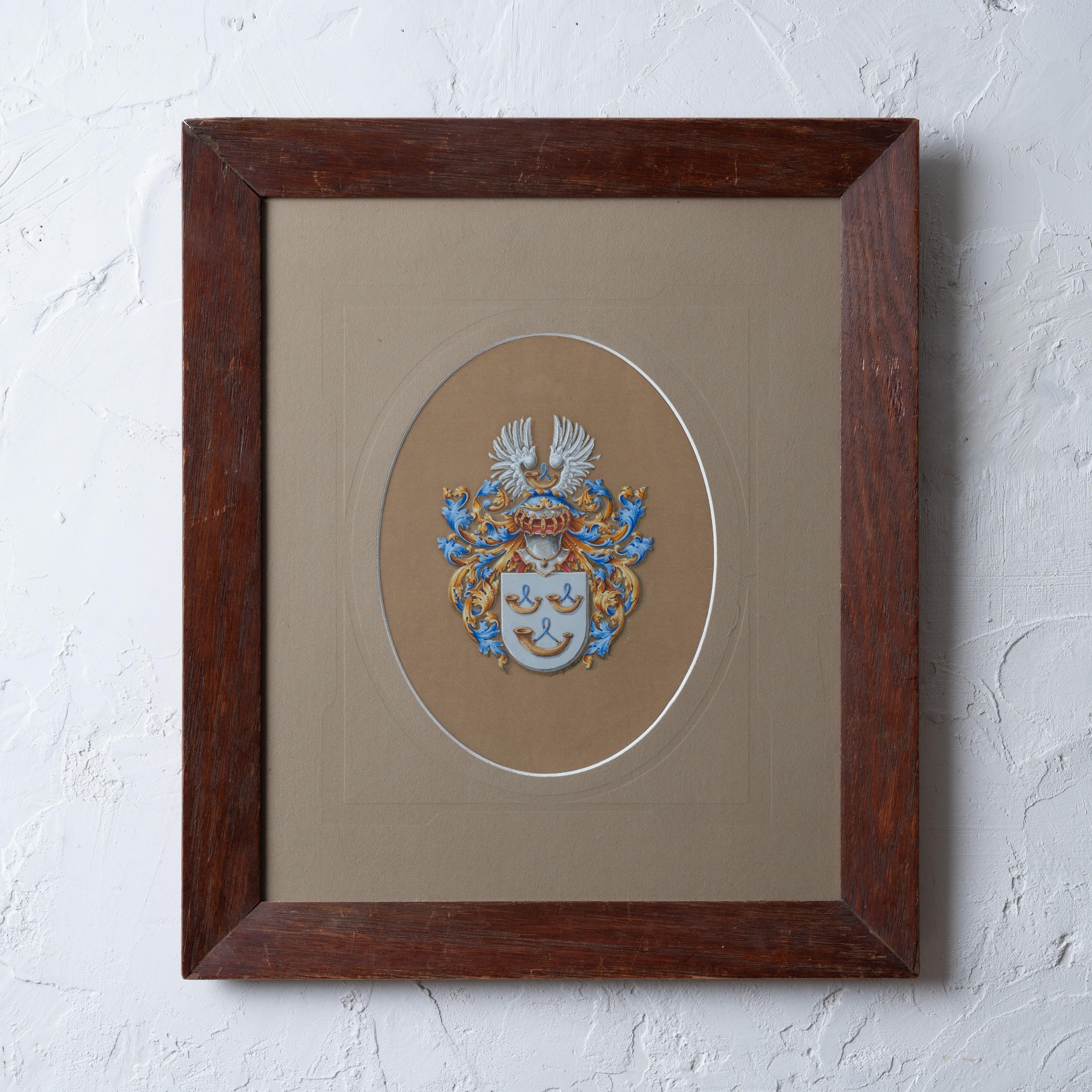 A heraldic coat of arms gouache painting, circa 1930s.

sight: 8 ½ by 11 inches
frame: 19 by 22 inches

