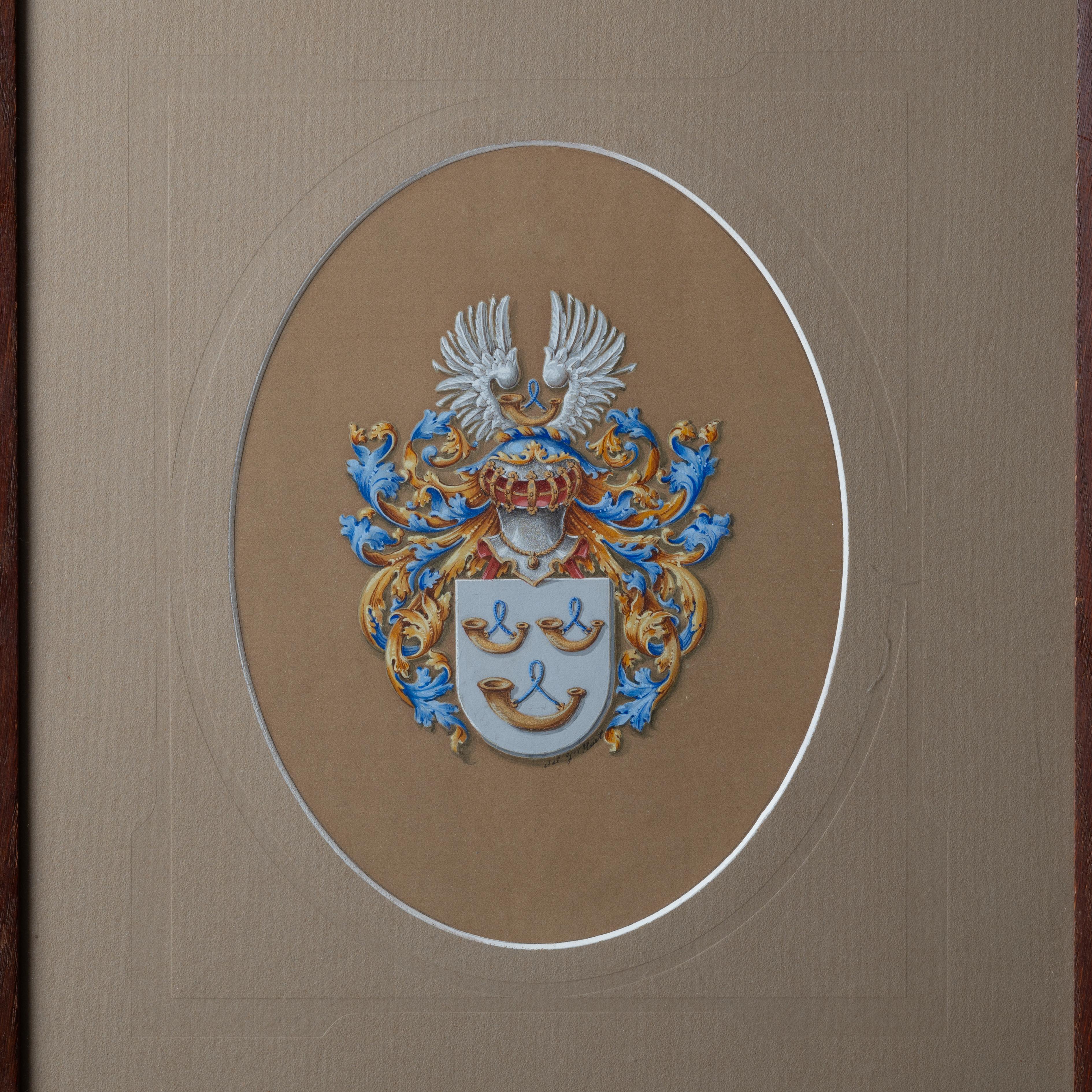 Wood Heraldic Coat of Arms Gouache Painting For Sale