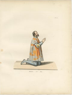 Heraldic Costumes c.1400 – Antique 1845 Prints of Knight and Lady, Hand-Coloured